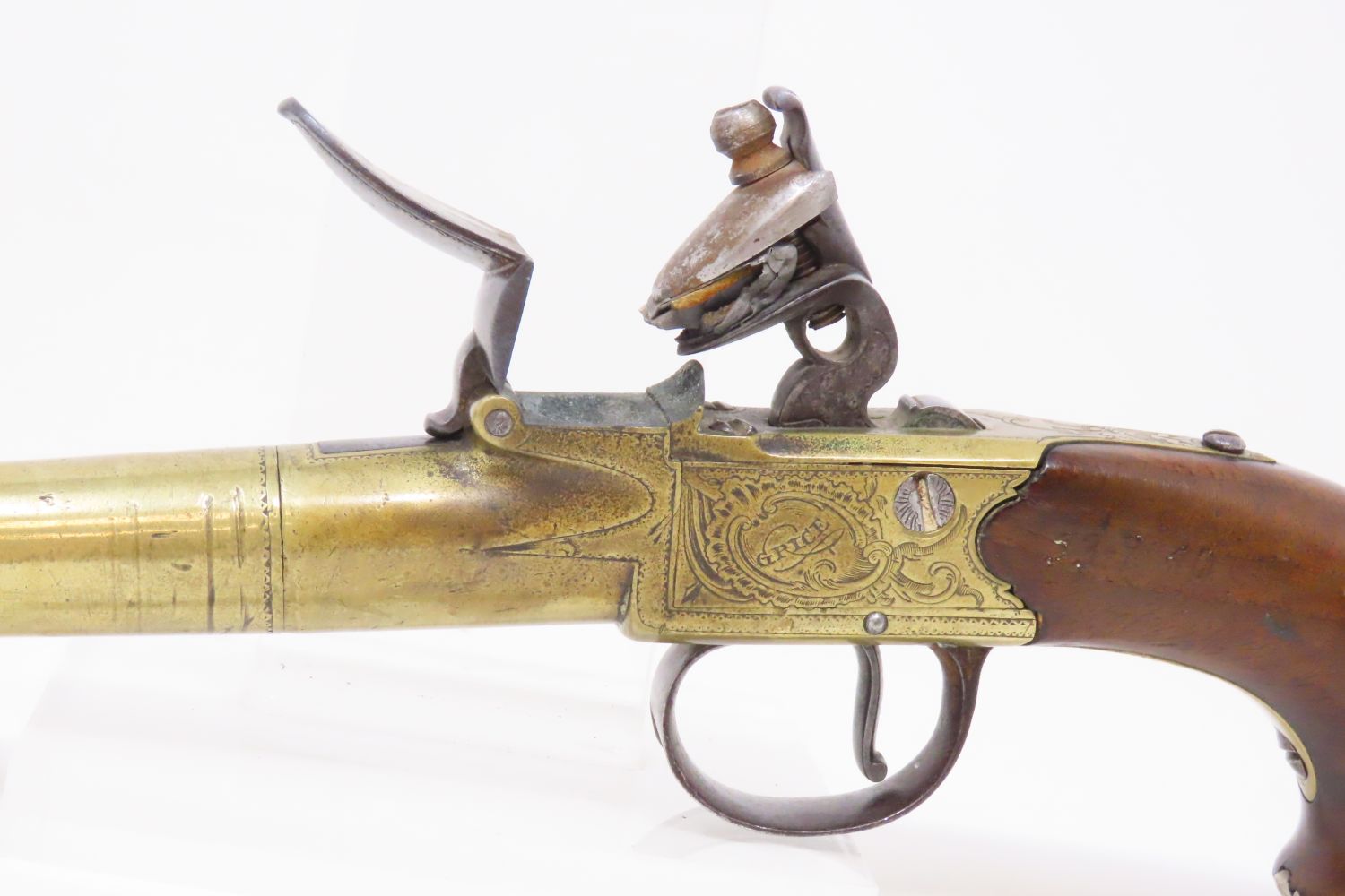 Engraved Grice Brass British Flintlock Screw Off Barrel Pistol 5.3.21 C ...