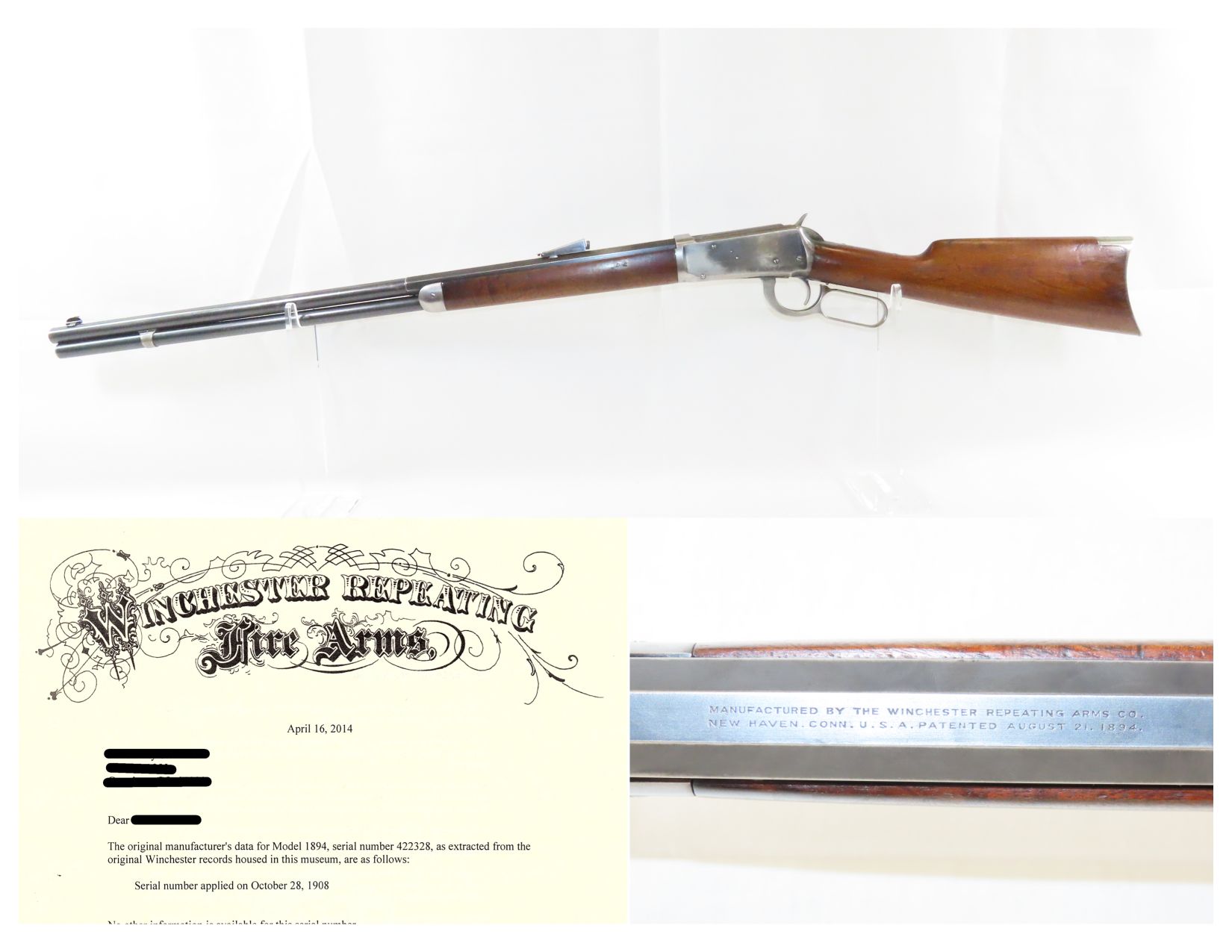 Winchester Model 1894 Lever Action Rifle with Factory Letter 4.4 C
