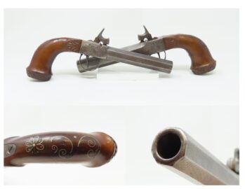 BRACE of ENGRAVED BOXLOCK PISTOLS with SILVER WIRE Inlaid Stocks Antique    Mid-1800s Personal Defense Arms