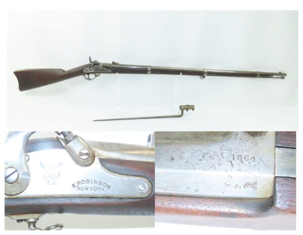 Scarce CIVIL WAR Era Antique E. ROBINSON U.S. M1861 Rifle-MUSKET w/BAYONET  1864 Dated .58 Caliber Contract Model Musket