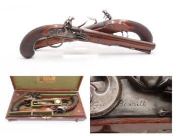 c1780s CASED SET Antique BENNETT Flintlock DUELING PISTOLS British .58 Cal. Beautiful Brace of ENGRAVED DUELERS w/ACCESSORIES