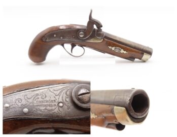ENGRAVED/SILVER Mounted Antique COPY DERRINGER Historical Percussion Pistol Period Copy of Henry Deringer’s Famous Pistol