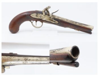 RULE BRITANNIA! ADMIRAL HOWE British FLINTLOCK Pistol by ELLIS .62 Antique  Ornately Engraved London Sidearm Late-18th Century