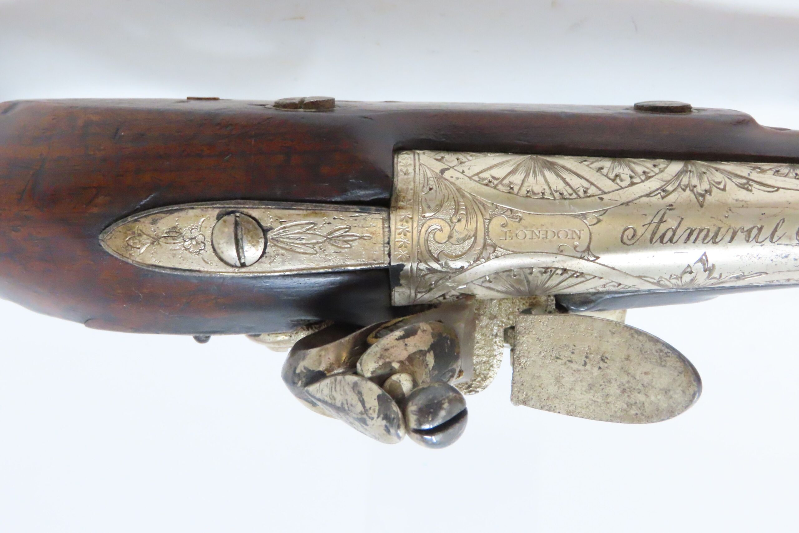 RULE BRITANNIA! ADMIRAL HOWE British FLINTLOCK Pistol by ELLIS .62 Antique Ornately Engraved London Sidearm Late-18th Century - Image 9