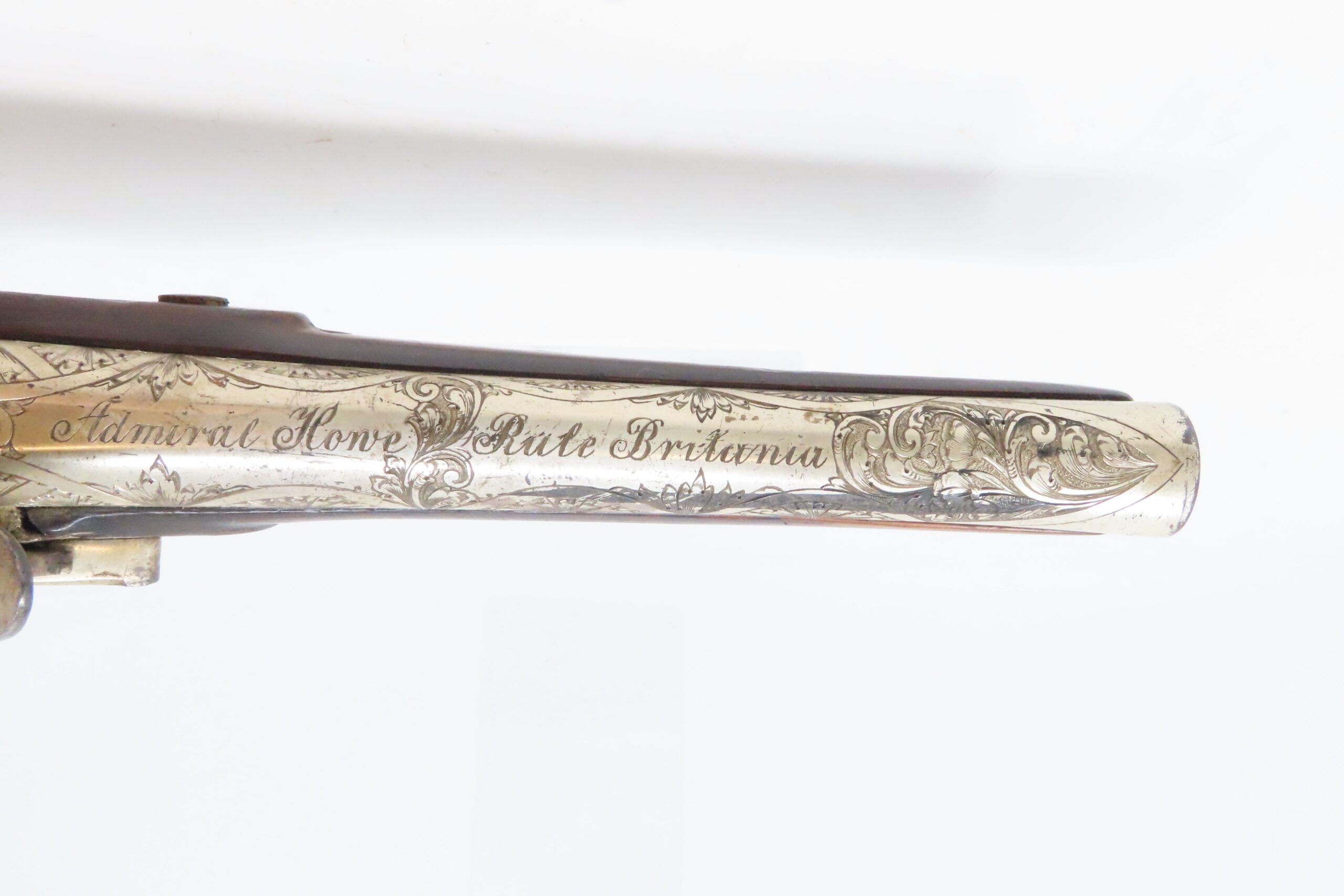 RULE BRITANNIA! ADMIRAL HOWE British FLINTLOCK Pistol by ELLIS .62 Antique Ornately Engraved London Sidearm Late-18th Century - Image 11