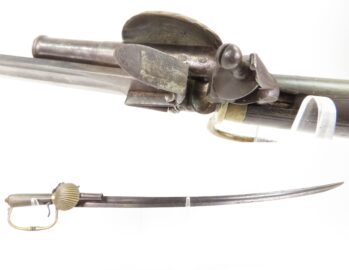 DESIRABLE Antique Flintlock SWORD PISTOL w/Brass Guard & CLAMSHELL LANGUET  Late 1700s to Early 1800s with HORN GRIP