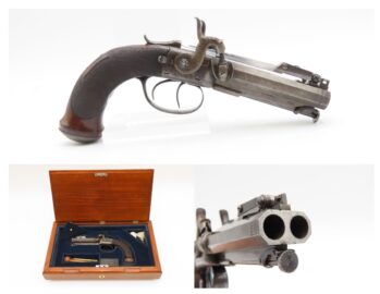 English ENGRAVED Antique BLANCH DOUBLEBARREL Percussion Pistol SNAP BAYONET With Custom Fitted Wooden Case