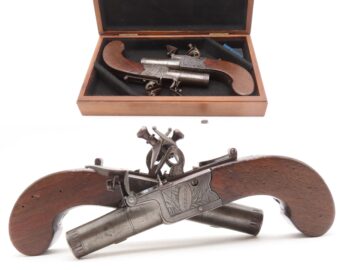 Engraved CASED BRACE of British BANNER Antique Boxlock FLINTLOCK Pistols    With WOODEN CASE, TWO FLINTS, & PICK/SCREWDRIVER