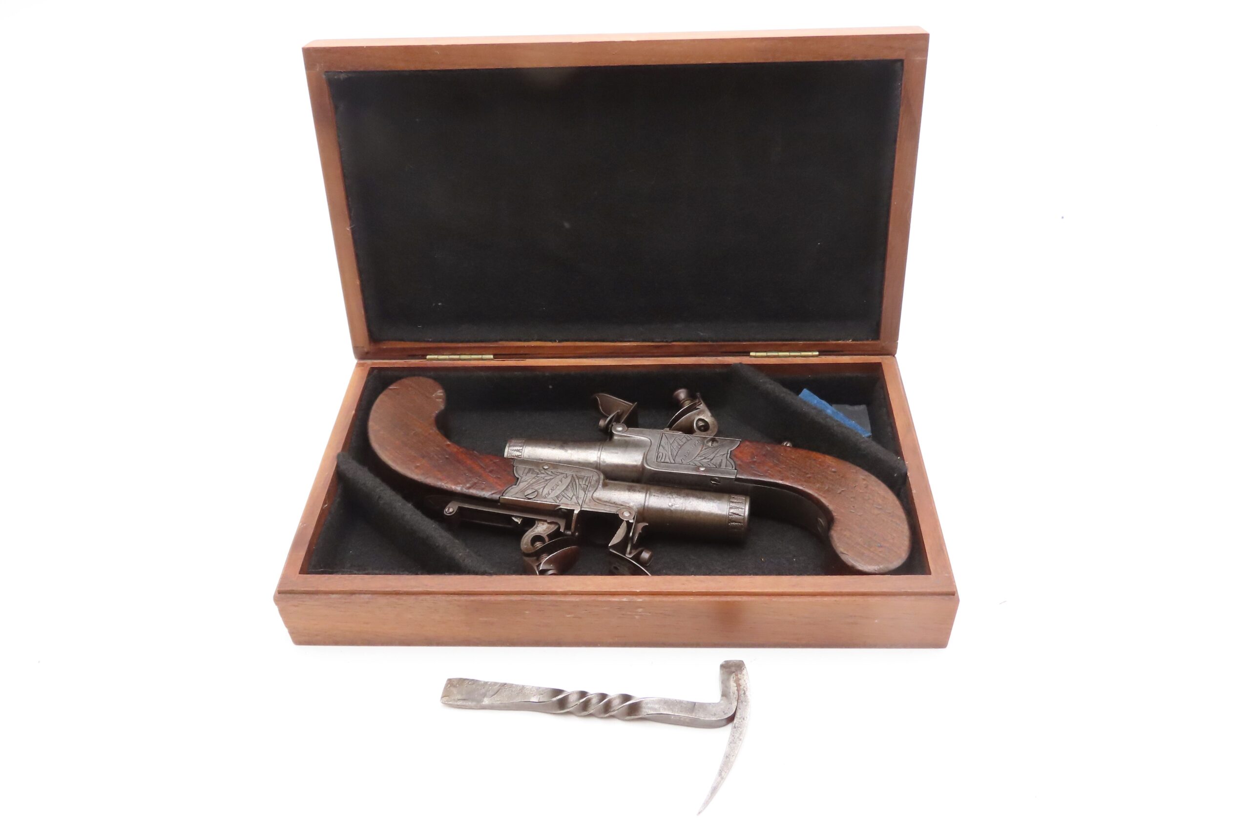 Engraved CASED BRACE of British BANNER Antique Boxlock FLINTLOCK Pistols With WOODEN CASE, TWO FLINTS, & PICK/SCREWDRIVER - Image 4