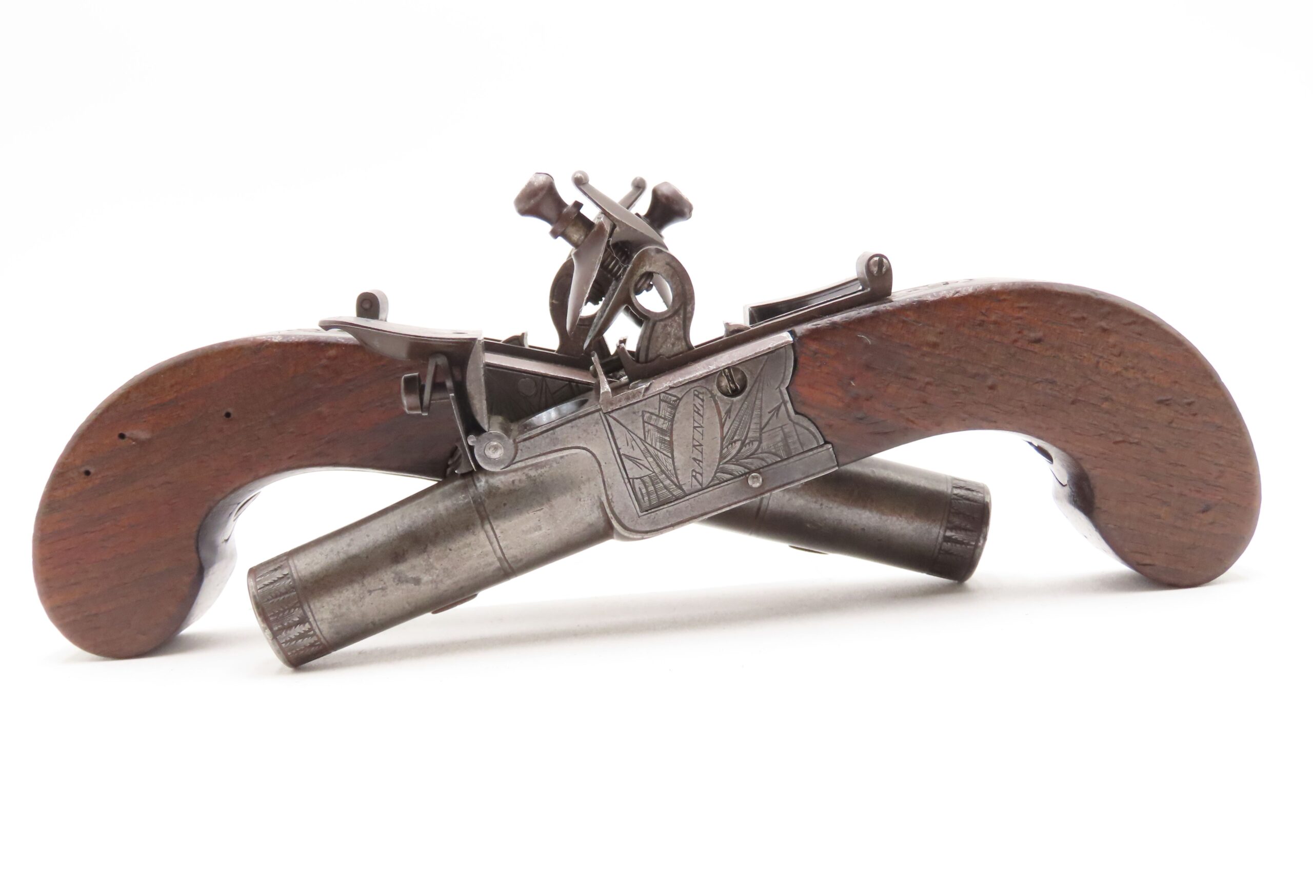 Engraved CASED BRACE of British BANNER Antique Boxlock FLINTLOCK Pistols With WOODEN CASE, TWO FLINTS, & PICK/SCREWDRIVER - Image 5