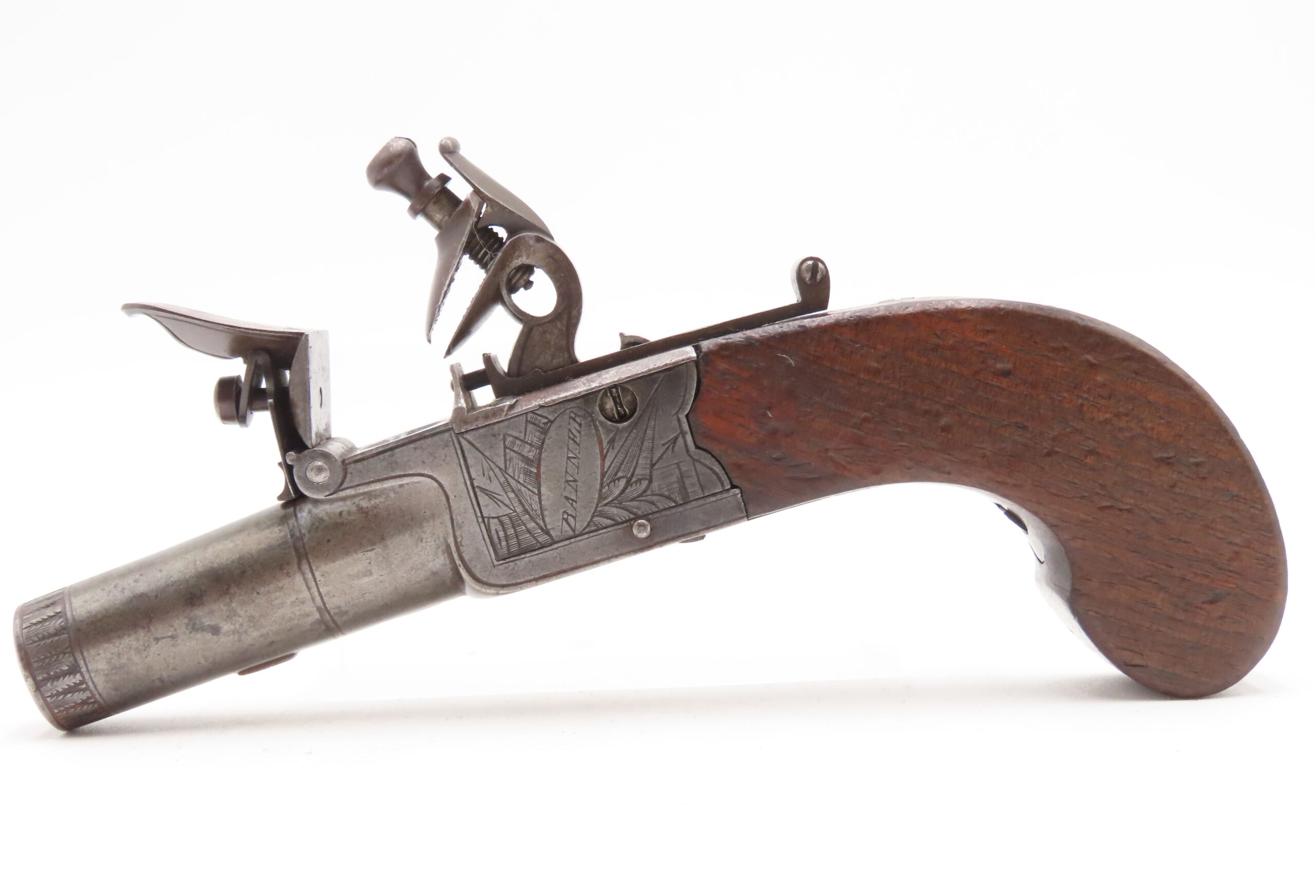 Engraved CASED BRACE of British BANNER Antique Boxlock FLINTLOCK Pistols With WOODEN CASE, TWO FLINTS, & PICK/SCREWDRIVER - Image 6
