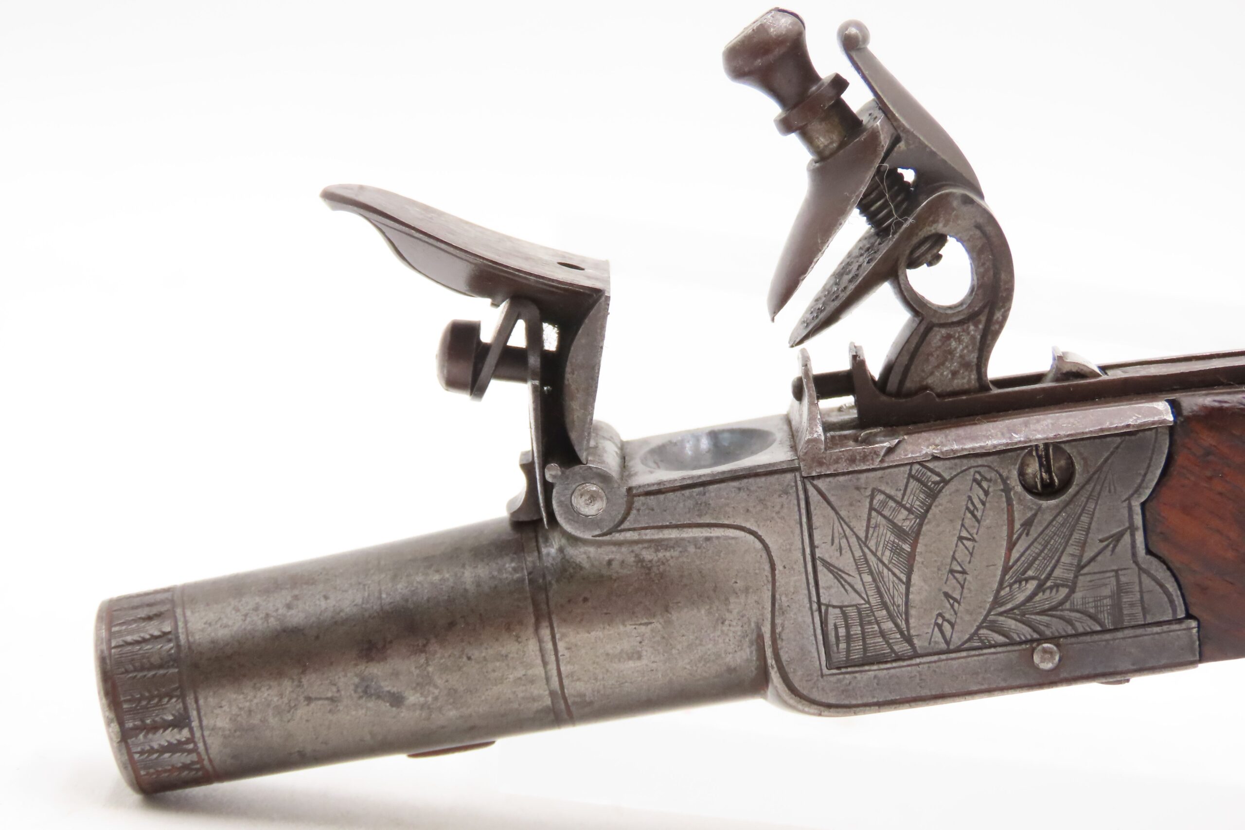 Engraved CASED BRACE of British BANNER Antique Boxlock FLINTLOCK Pistols With WOODEN CASE, TWO FLINTS, & PICK/SCREWDRIVER - Image 7