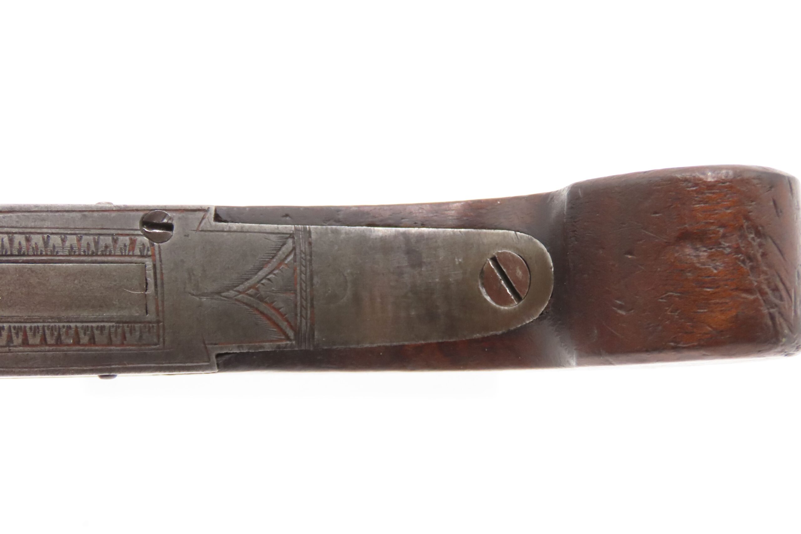 Engraved CASED BRACE of British BANNER Antique Boxlock FLINTLOCK Pistols With WOODEN CASE, TWO FLINTS, & PICK/SCREWDRIVER - Image 10