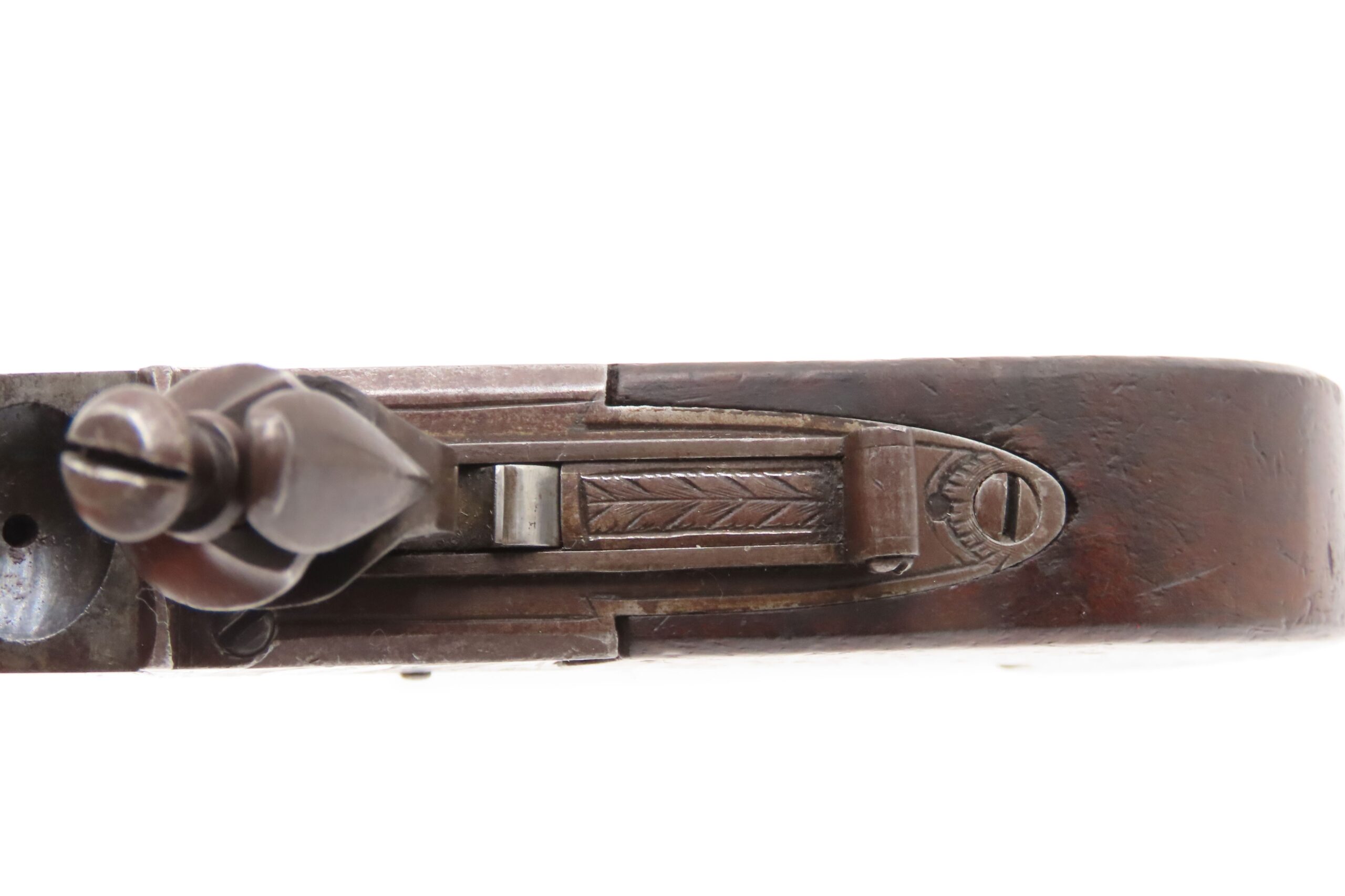 Engraved CASED BRACE of British BANNER Antique Boxlock FLINTLOCK Pistols With WOODEN CASE, TWO FLINTS, & PICK/SCREWDRIVER - Image 12