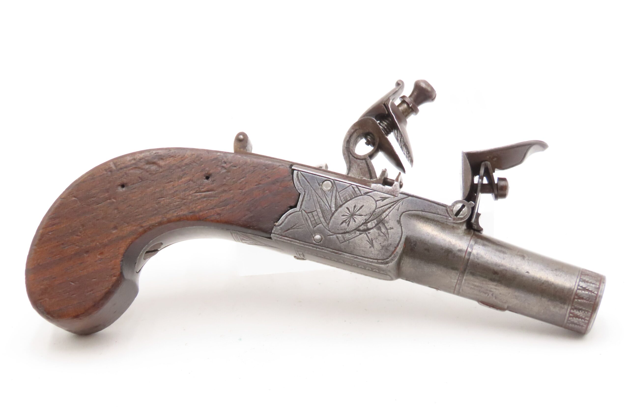 Engraved CASED BRACE of British BANNER Antique Boxlock FLINTLOCK Pistols With WOODEN CASE, TWO FLINTS, & PICK/SCREWDRIVER - Image 14