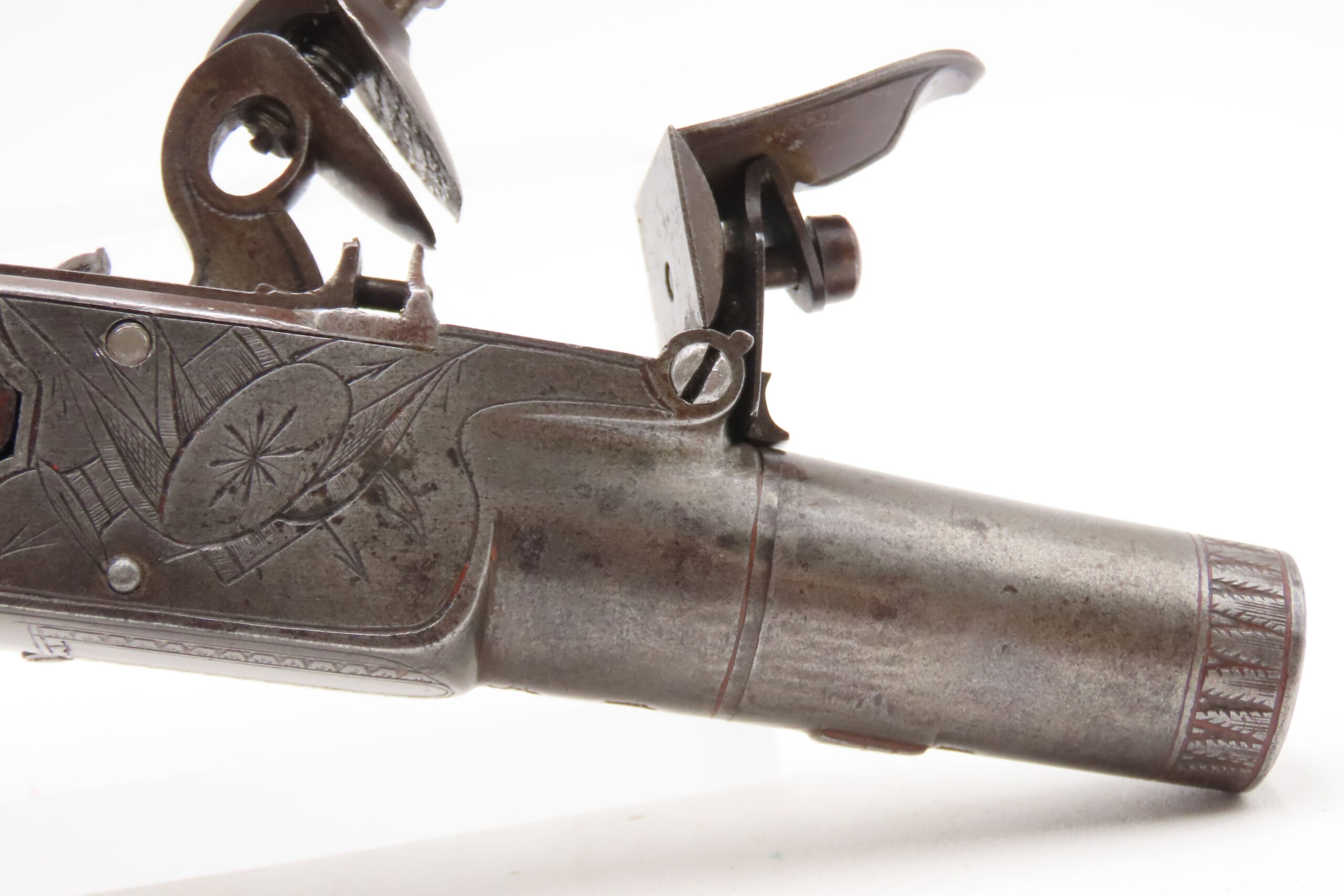 Engraved CASED BRACE of British BANNER Antique Boxlock FLINTLOCK Pistols With WOODEN CASE, TWO FLINTS, & PICK/SCREWDRIVER - Image 15