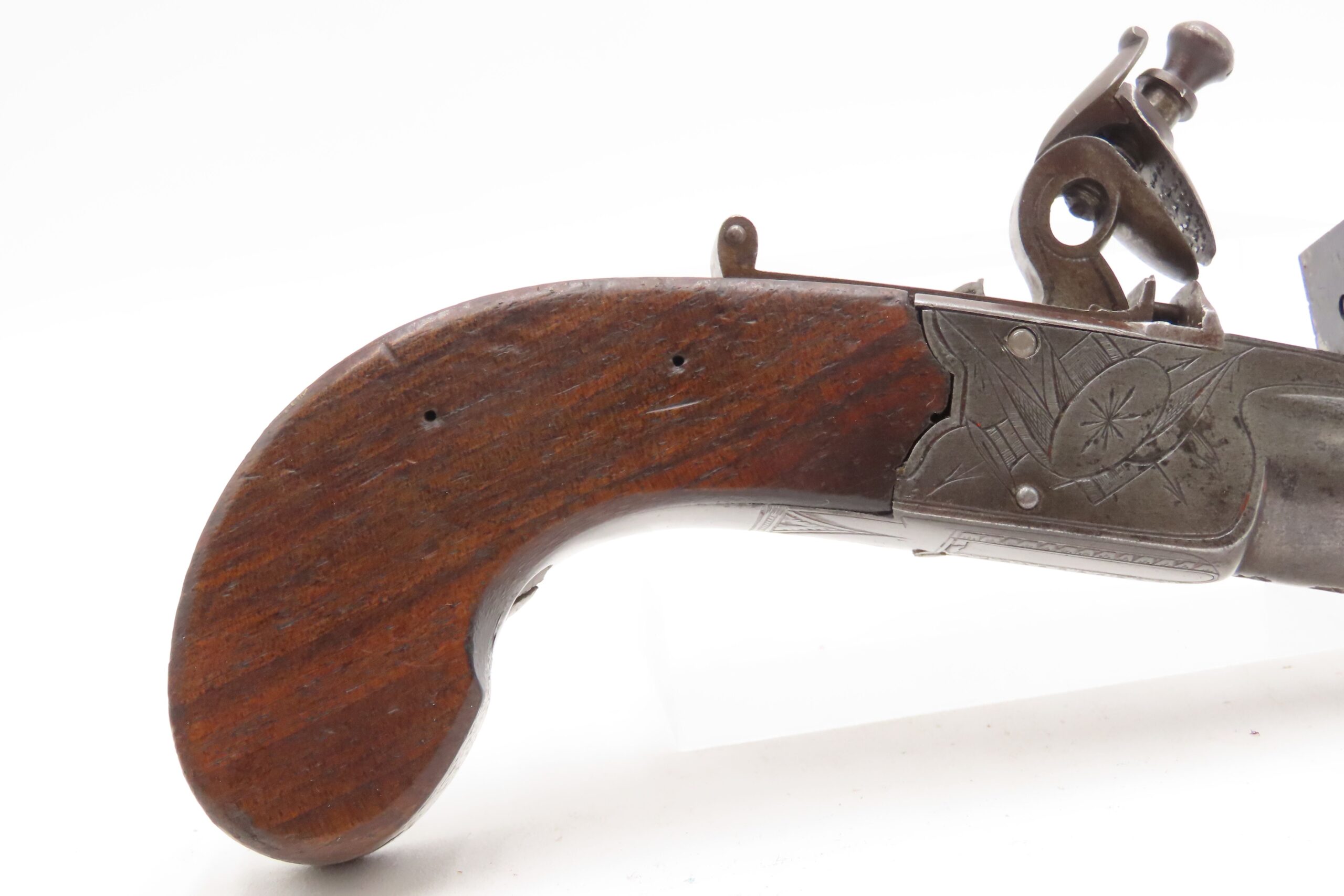 Engraved CASED BRACE of British BANNER Antique Boxlock FLINTLOCK Pistols With WOODEN CASE, TWO FLINTS, & PICK/SCREWDRIVER - Image 16