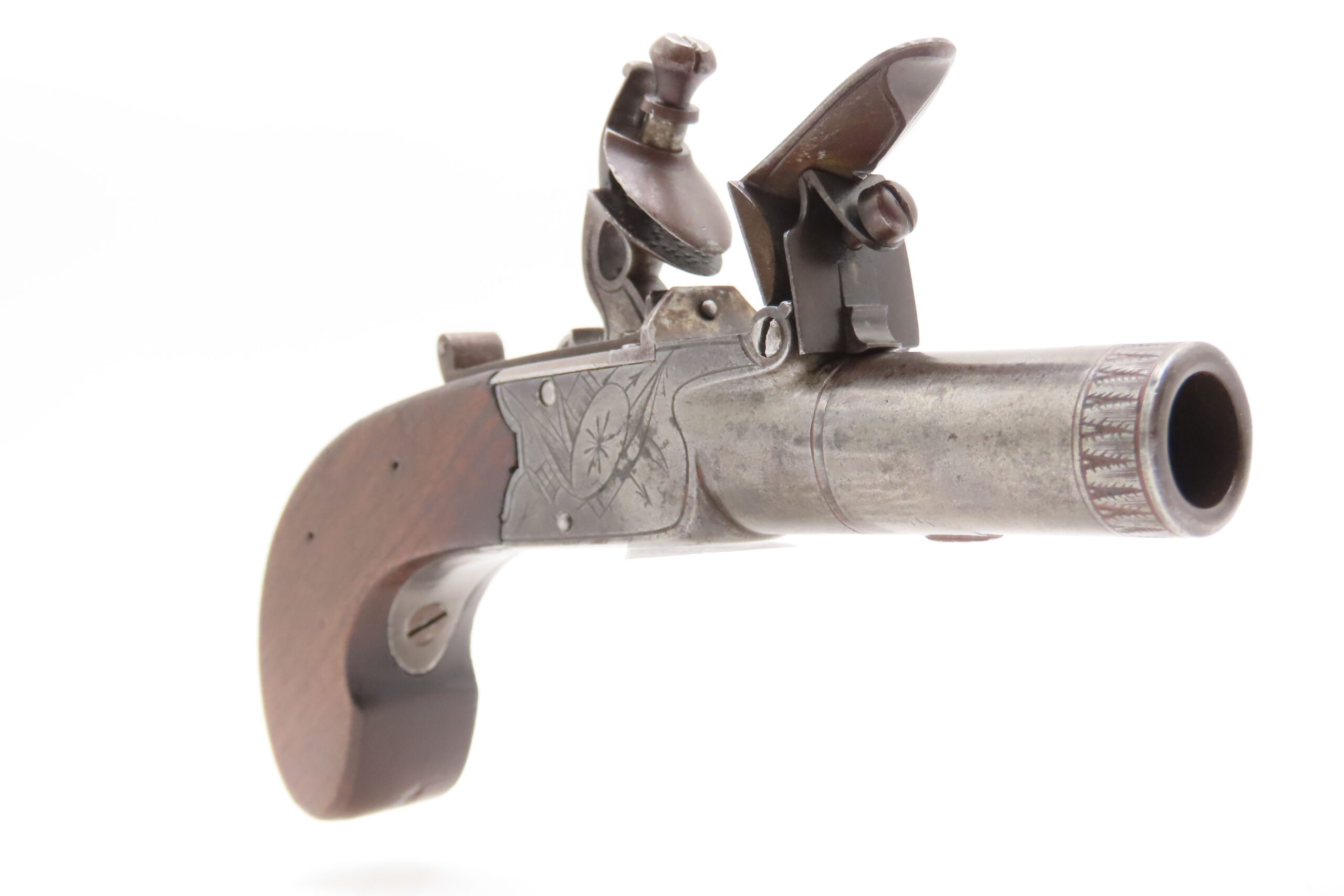 Engraved CASED BRACE of British BANNER Antique Boxlock FLINTLOCK Pistols With WOODEN CASE, TWO FLINTS, & PICK/SCREWDRIVER - Image 17