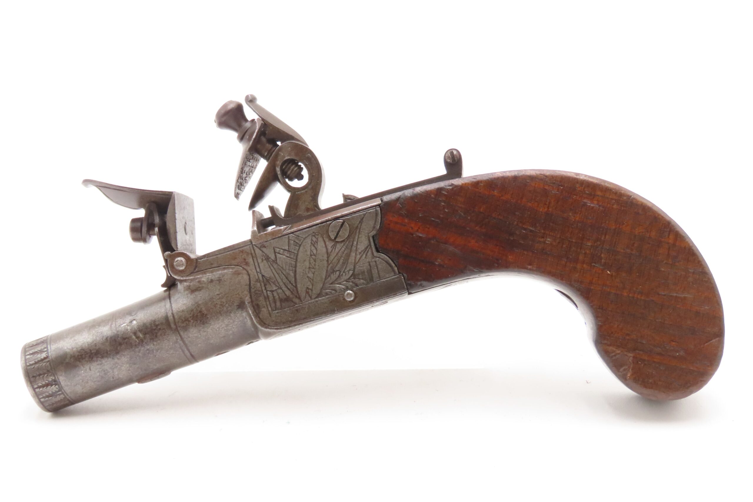 Engraved CASED BRACE of British BANNER Antique Boxlock FLINTLOCK Pistols With WOODEN CASE, TWO FLINTS, & PICK/SCREWDRIVER - Image 19