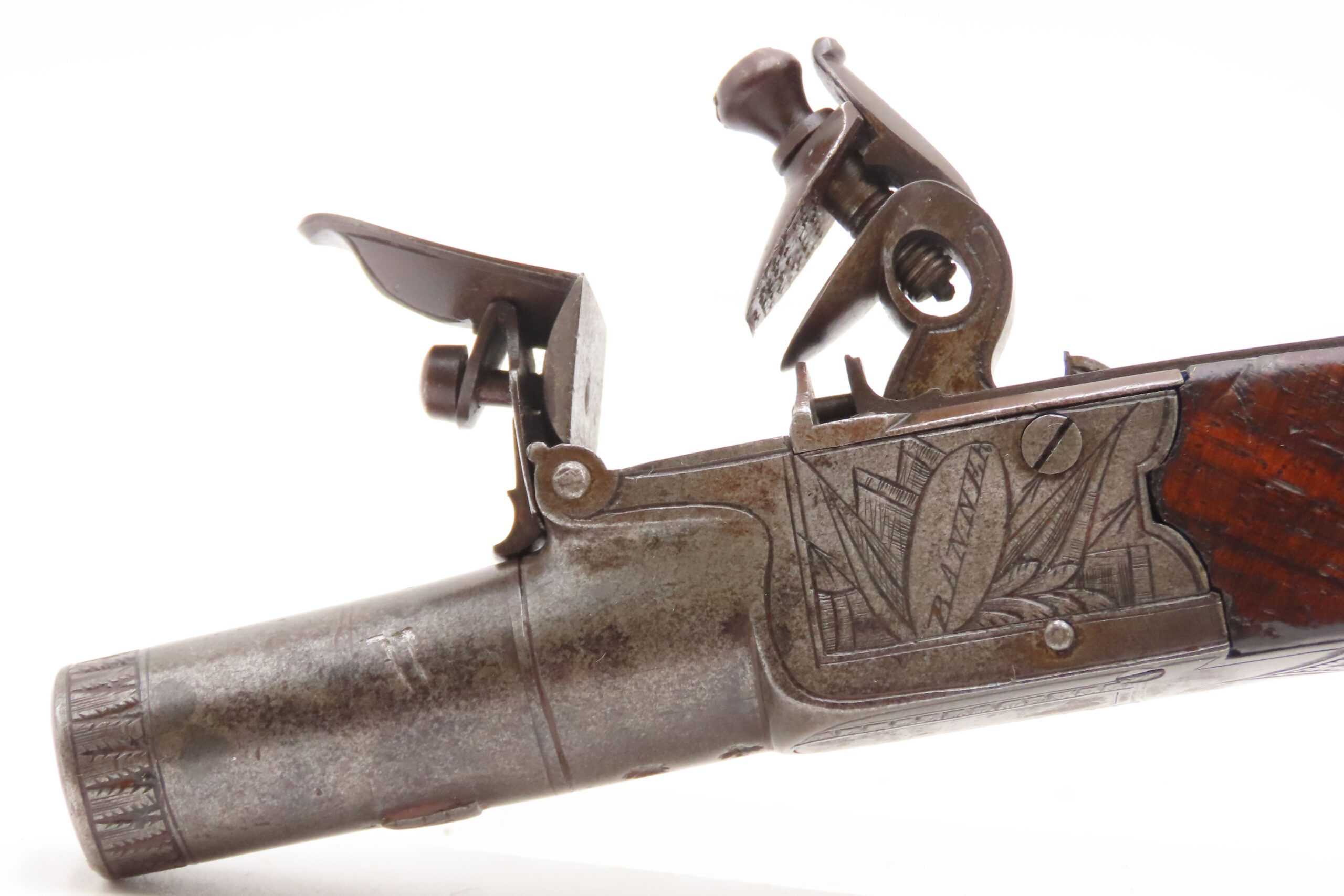 Engraved CASED BRACE of British BANNER Antique Boxlock FLINTLOCK Pistols With WOODEN CASE, TWO FLINTS, & PICK/SCREWDRIVER - Image 20