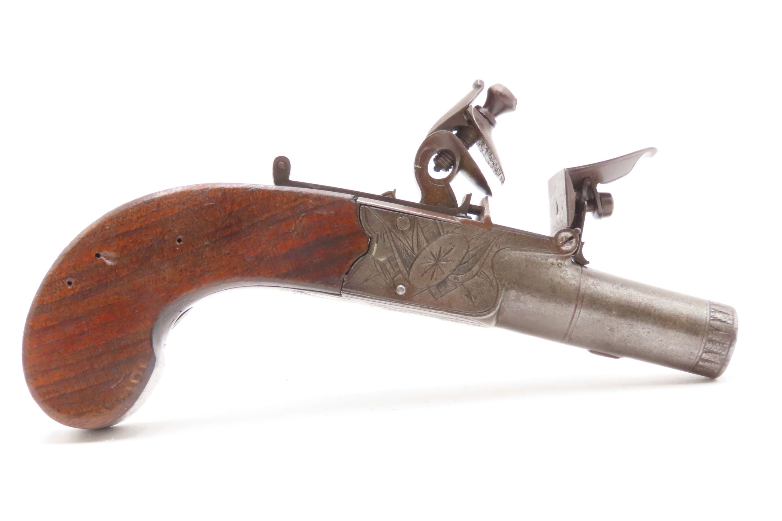 Engraved CASED BRACE of British BANNER Antique Boxlock FLINTLOCK Pistols With WOODEN CASE, TWO FLINTS, & PICK/SCREWDRIVER - Image 27