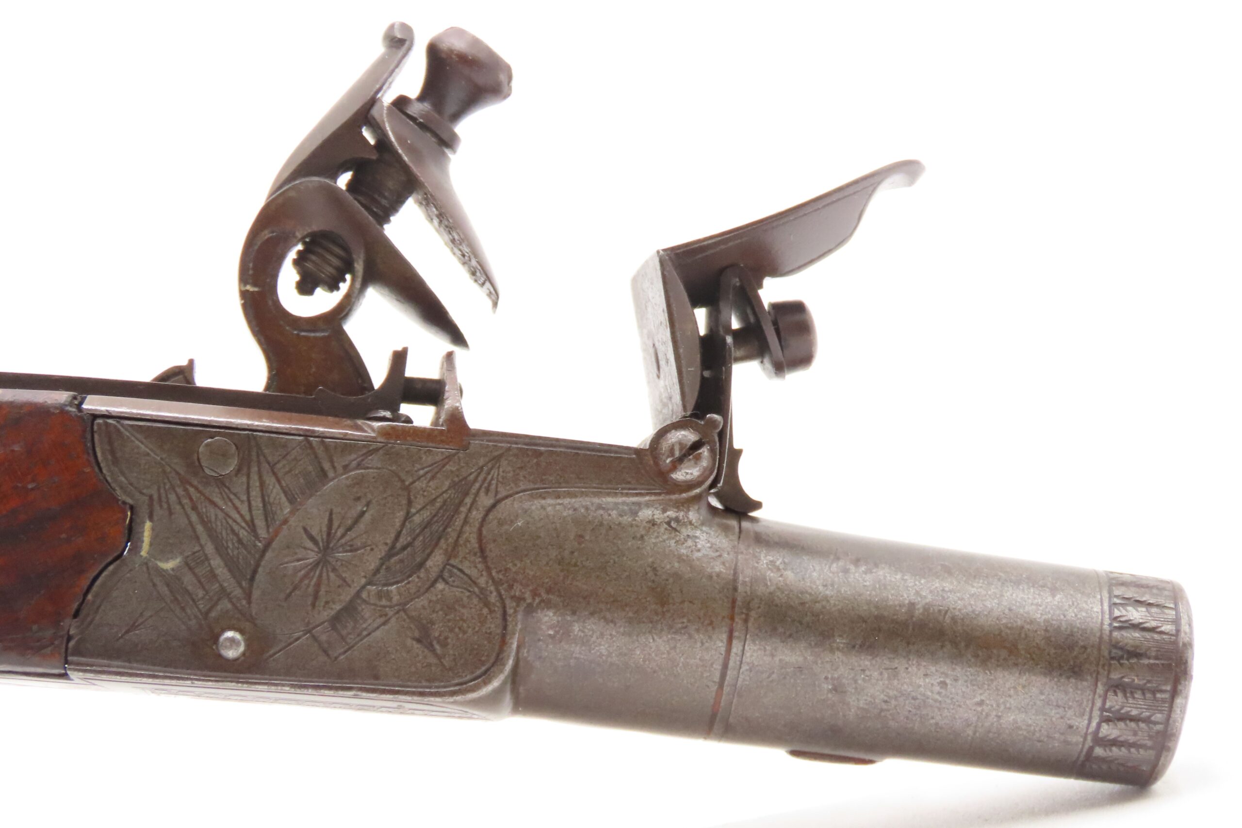 Engraved CASED BRACE of British BANNER Antique Boxlock FLINTLOCK Pistols With WOODEN CASE, TWO FLINTS, & PICK/SCREWDRIVER - Image 28