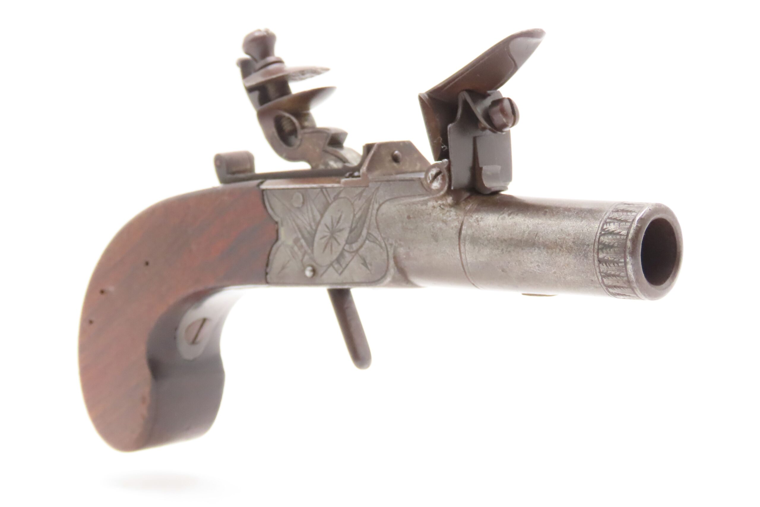 Engraved CASED BRACE of British BANNER Antique Boxlock FLINTLOCK Pistols With WOODEN CASE, TWO FLINTS, & PICK/SCREWDRIVER - Image 30