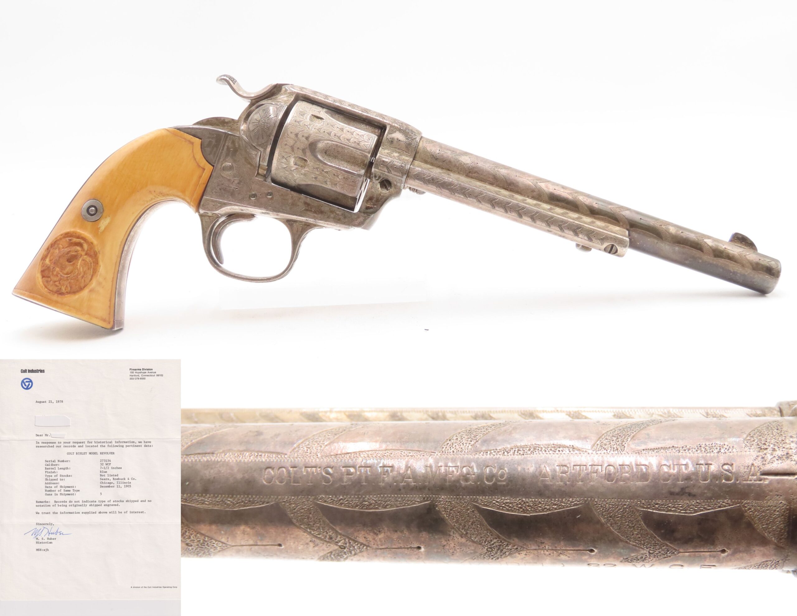 1905 ENGRAVED, SILVER PLATED COLT Bisley SAA .32-20 WCF Revolver C&R CARVED EAGLE & SNAKE IVORY GRIPS