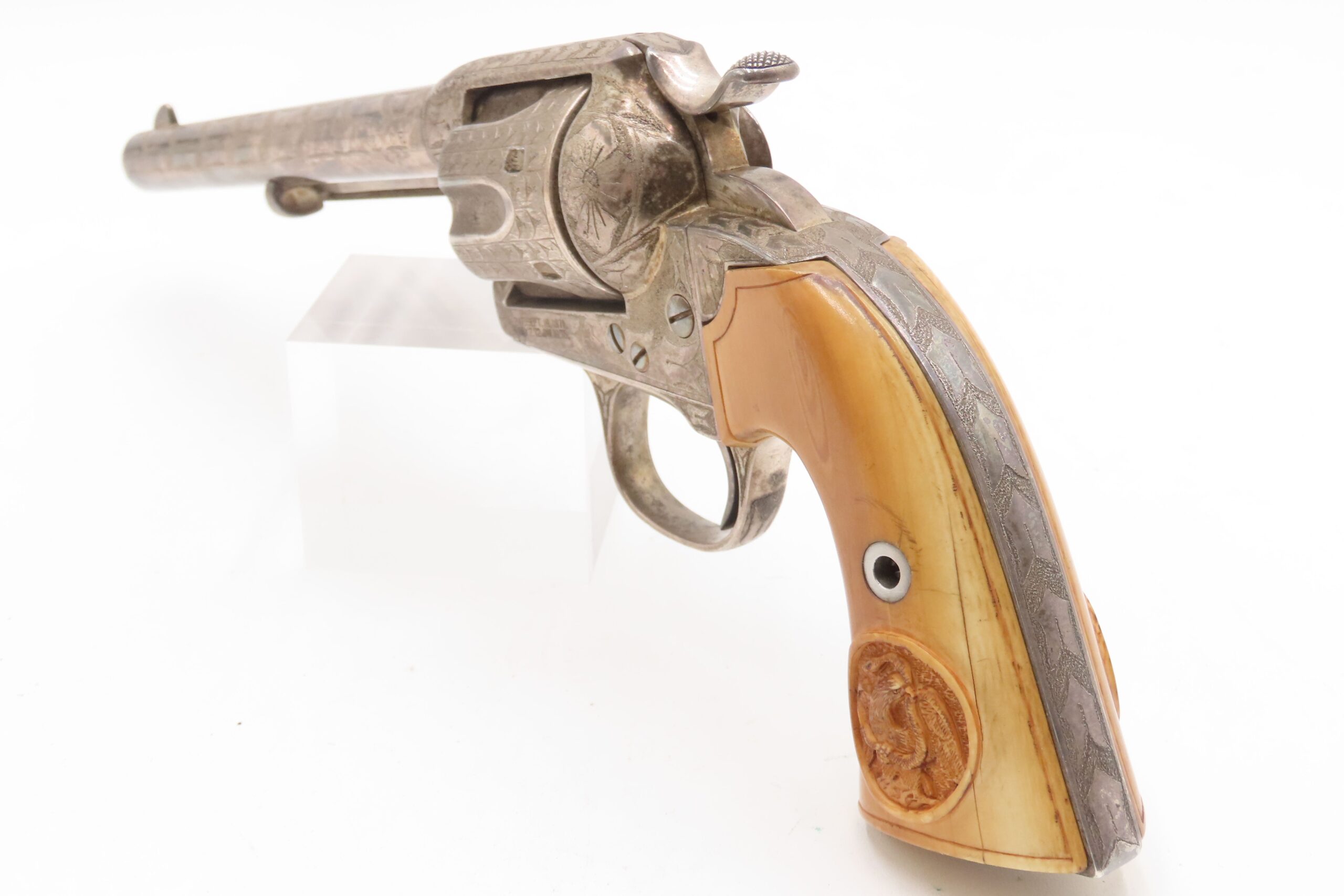 1905 ENGRAVED, SILVER PLATED COLT Bisley SAA .32-20 WCF Revolver C&R CARVED EAGLE & SNAKE IVORY GRIPS - Image 25
