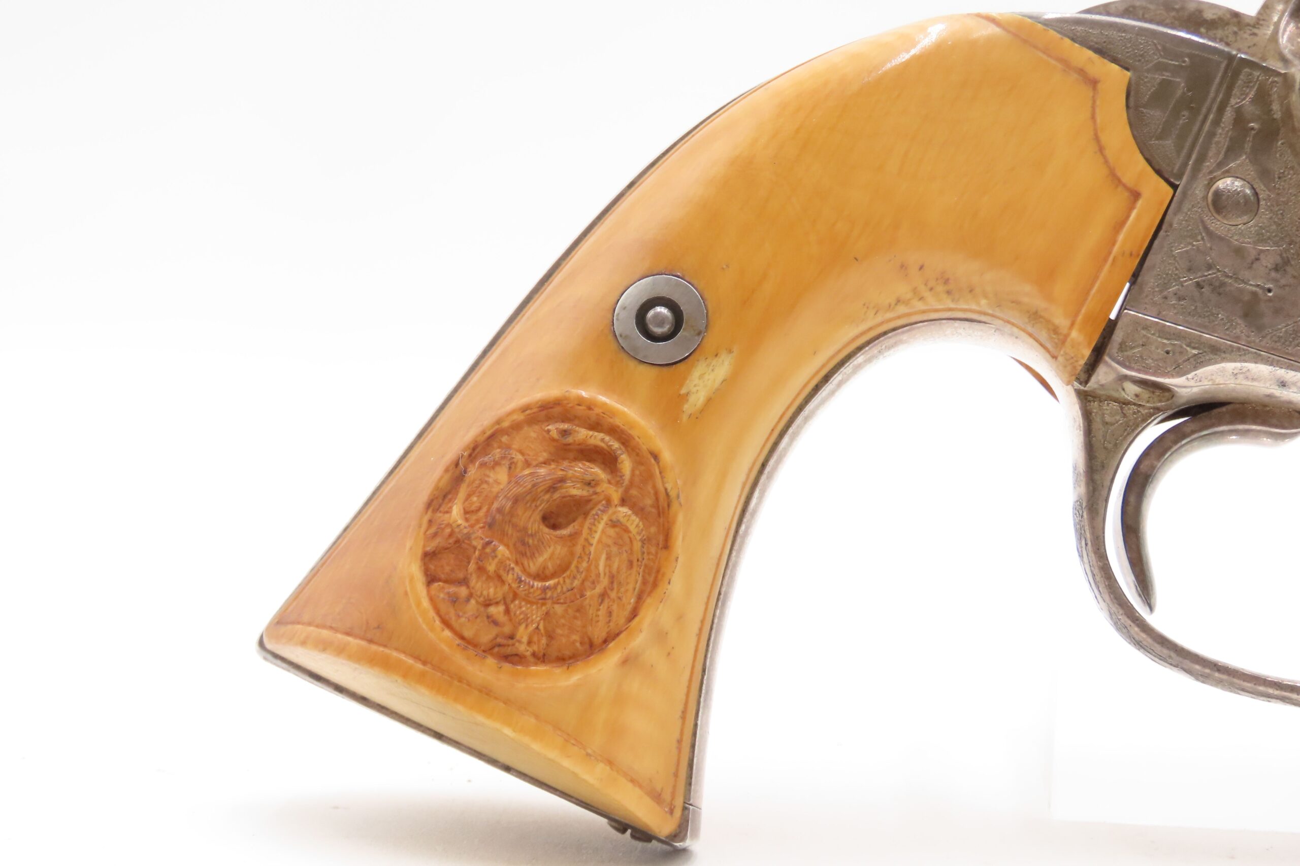 1905 ENGRAVED, SILVER PLATED COLT Bisley SAA .32-20 WCF Revolver C&R CARVED EAGLE & SNAKE IVORY GRIPS - Image 7