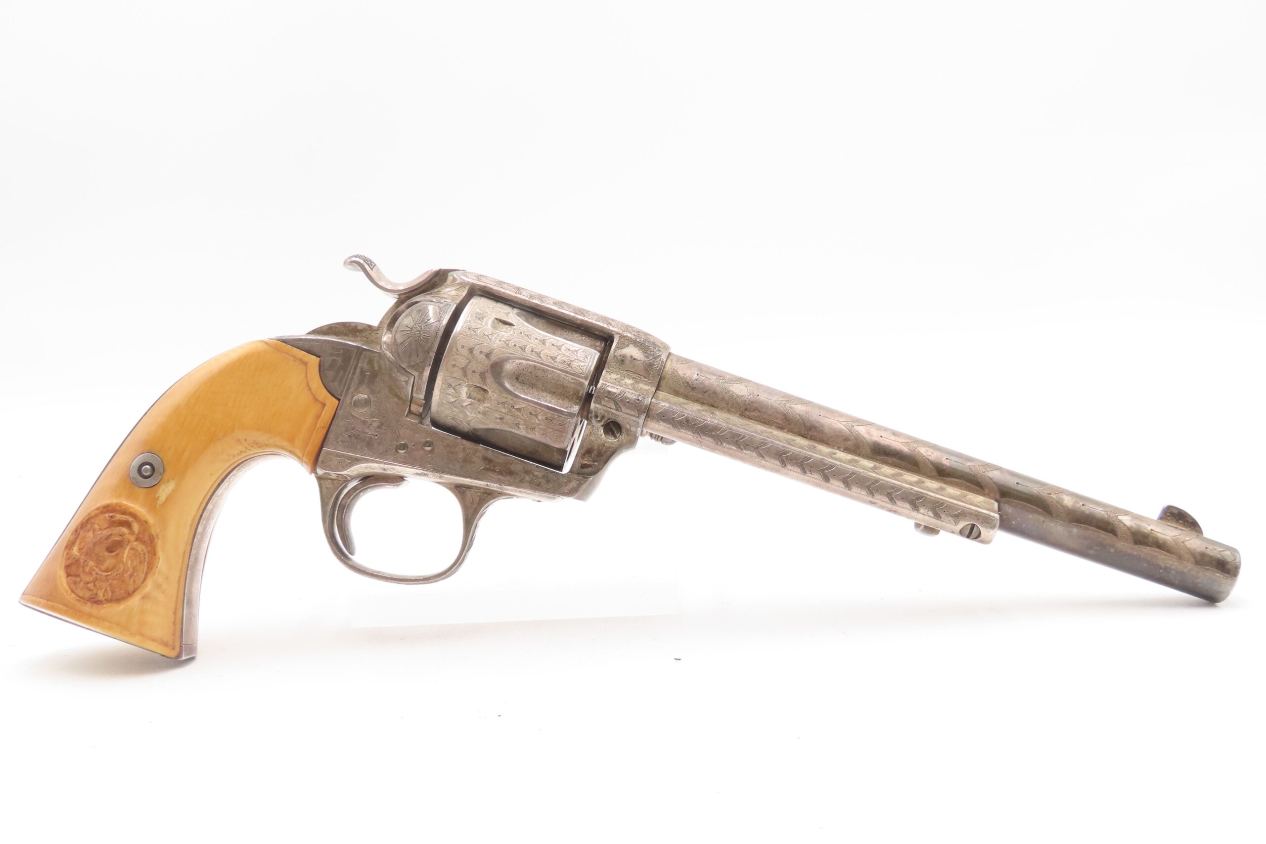 1905 ENGRAVED, SILVER PLATED COLT Bisley SAA .32-20 WCF Revolver C&R CARVED EAGLE & SNAKE IVORY GRIPS - Image 3