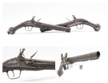PAIR of ENGRAVED & SILVER INLAID Antique Ornate CAUCASIAN Flintlock Pistols OTTOMAN Early 18th Century DRAGOON Horse Pistols