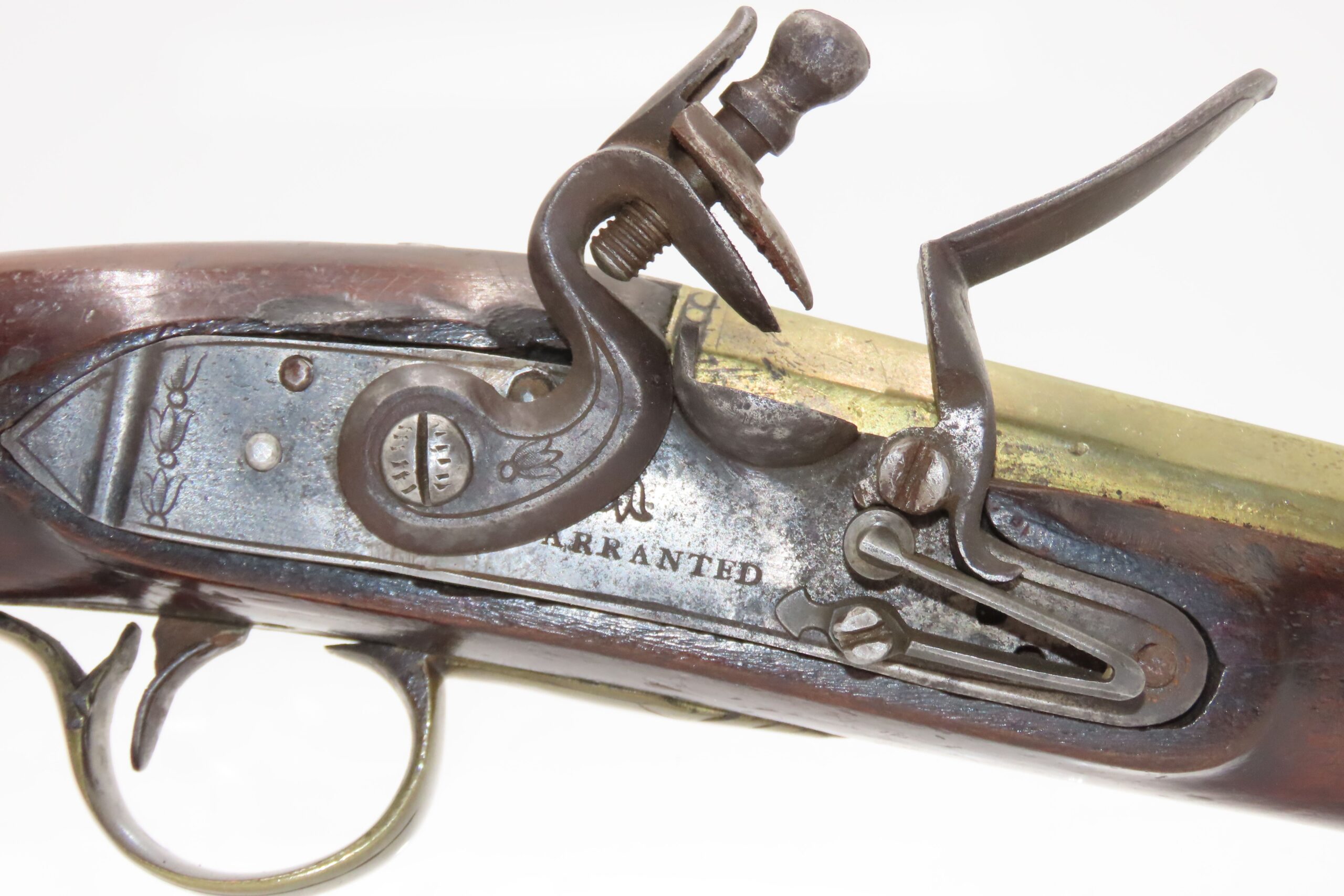Early 1800s Antique BRASS BARREL British FLINTLOCK Pistol TOWER STYLE PROOFS LIGHTLY ENGRAVED Handgun with BRASS FURNITURE - Image 6