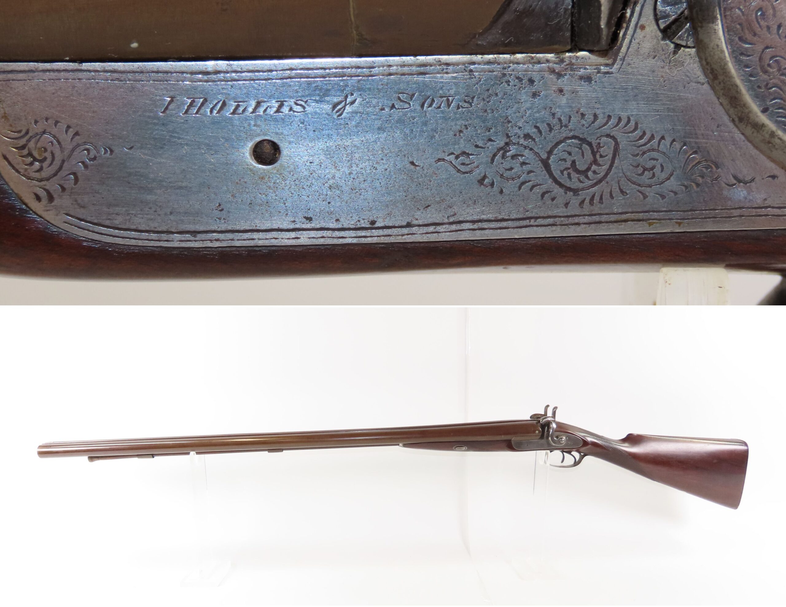 ENGRAVED Antique I. HOLLIS & SONS 10 Gauge Percussion DOUBLE BARREL Shotgun LONDON MADE Longarm from the mid-19th Century