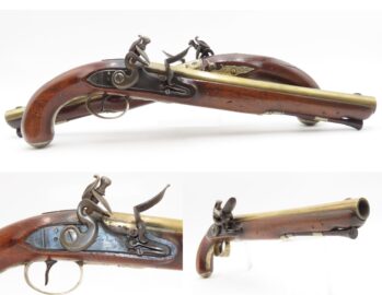 BRACE of REVOLUTIONARY WAR Era Brass Barrel JOVER & SON Flintlock Pistols 1750-1786 Mfr. With GERMAN SILVER MOUNTS