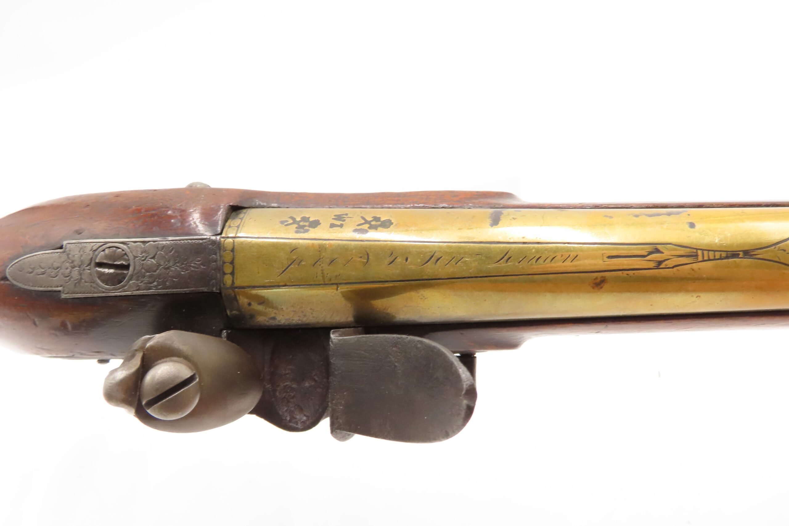 BRACE of REVOLUTIONARY WAR Era Brass Barrel JOVER & SON Flintlock Pistols 1750-1786 Mfr. With GERMAN SILVER MOUNTS - Image 11