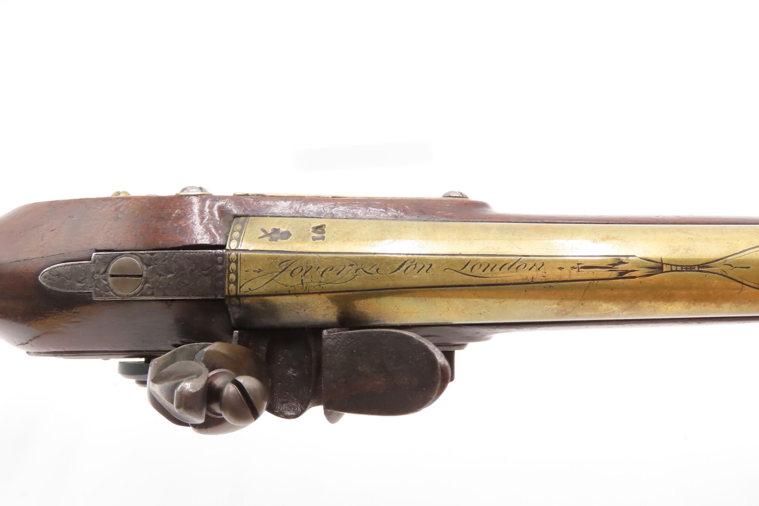 BRACE of REVOLUTIONARY WAR Era Brass Barrel JOVER & SON Flintlock Pistols 1750-1786 Mfr. With GERMAN SILVER MOUNTS - Image 26
