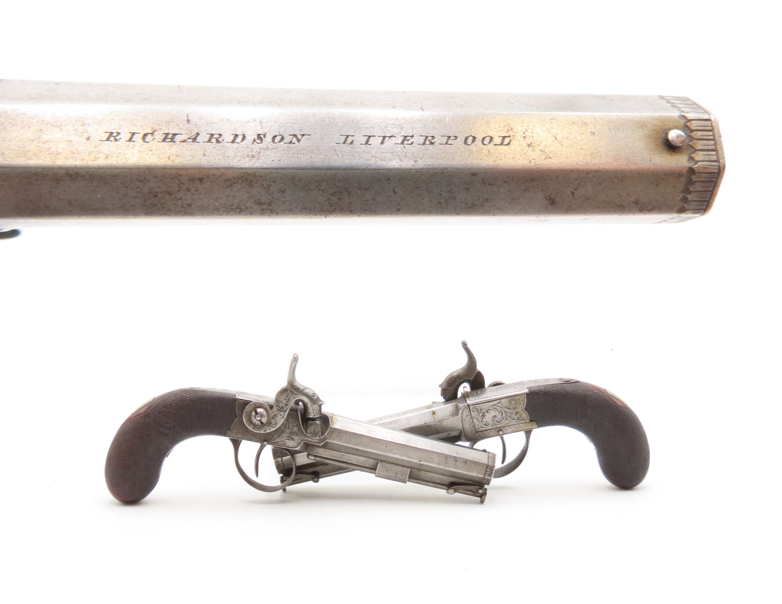 ENGRAVED Antique British RICHARDSON Boxlock Percussion SELF DEFENSE Pistol “LIVERPOOL” 1840s SIDEHAMMER Coat/Pocket Pistol