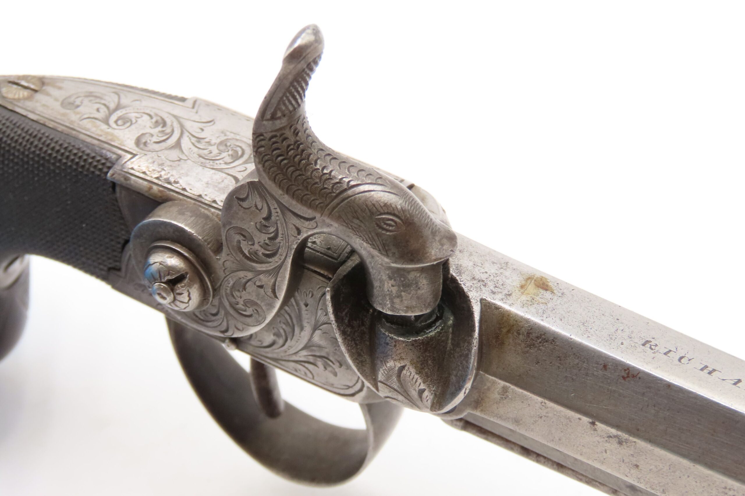 ENGRAVED Antique British RICHARDSON Boxlock Percussion SELF DEFENSE Pistol “LIVERPOOL” 1840s SIDEHAMMER Coat/Pocket Pistol - Image 33
