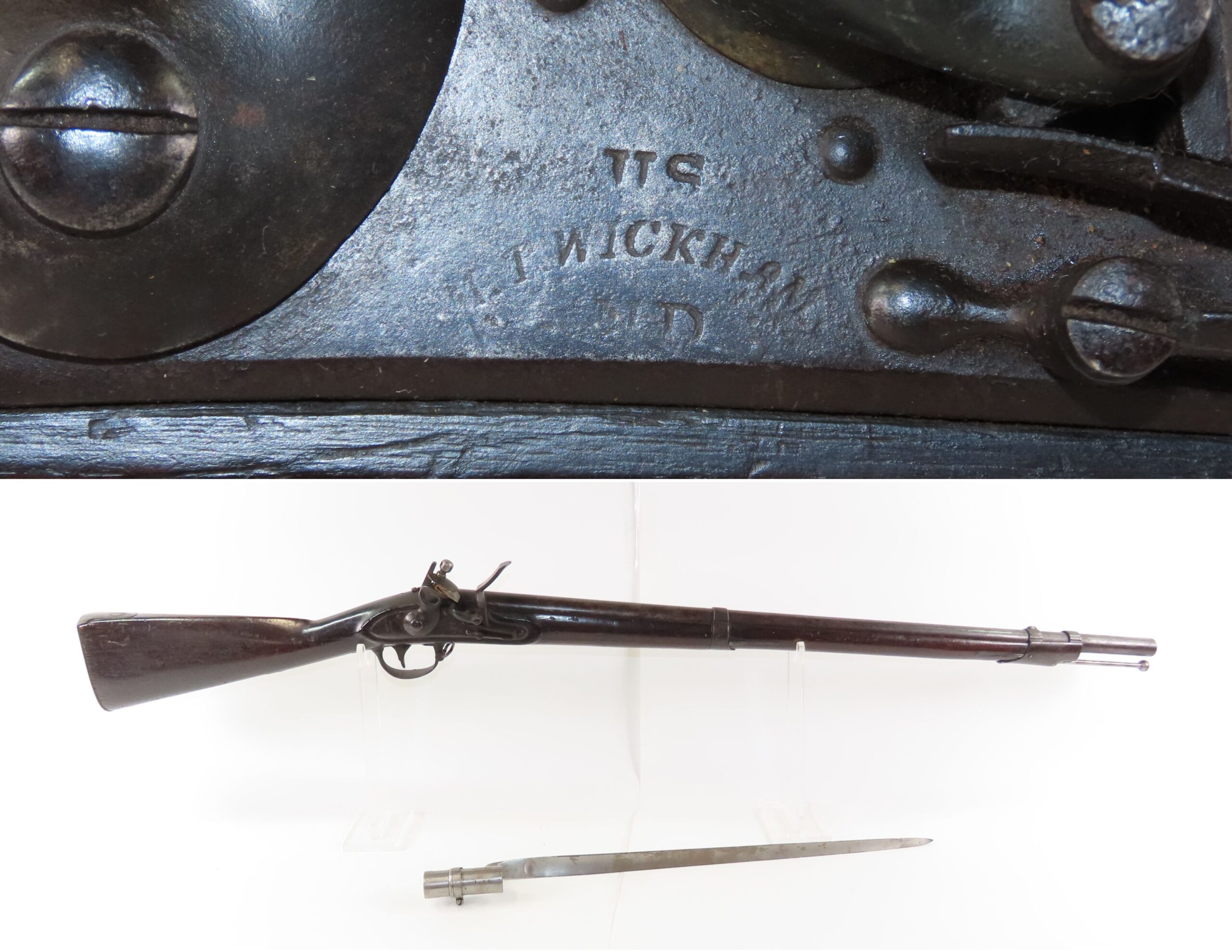 Antique WICKHAM U.S. M1816 MEXICAN-AMERICAN WAR Flintlock Musket w/BAYONET With 1826 Dated LOCK and BARREL TANG