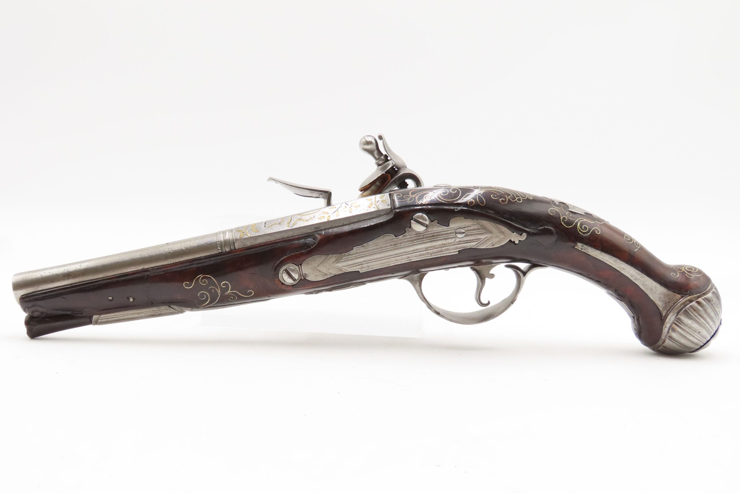 BRACE of BRASS & SILVER INLAID Antique OTTOMAN Flintlock HOLSTER Pistols “M.A. GIVRATI” Marked Mid to Late 1700s Pistols - Image 12