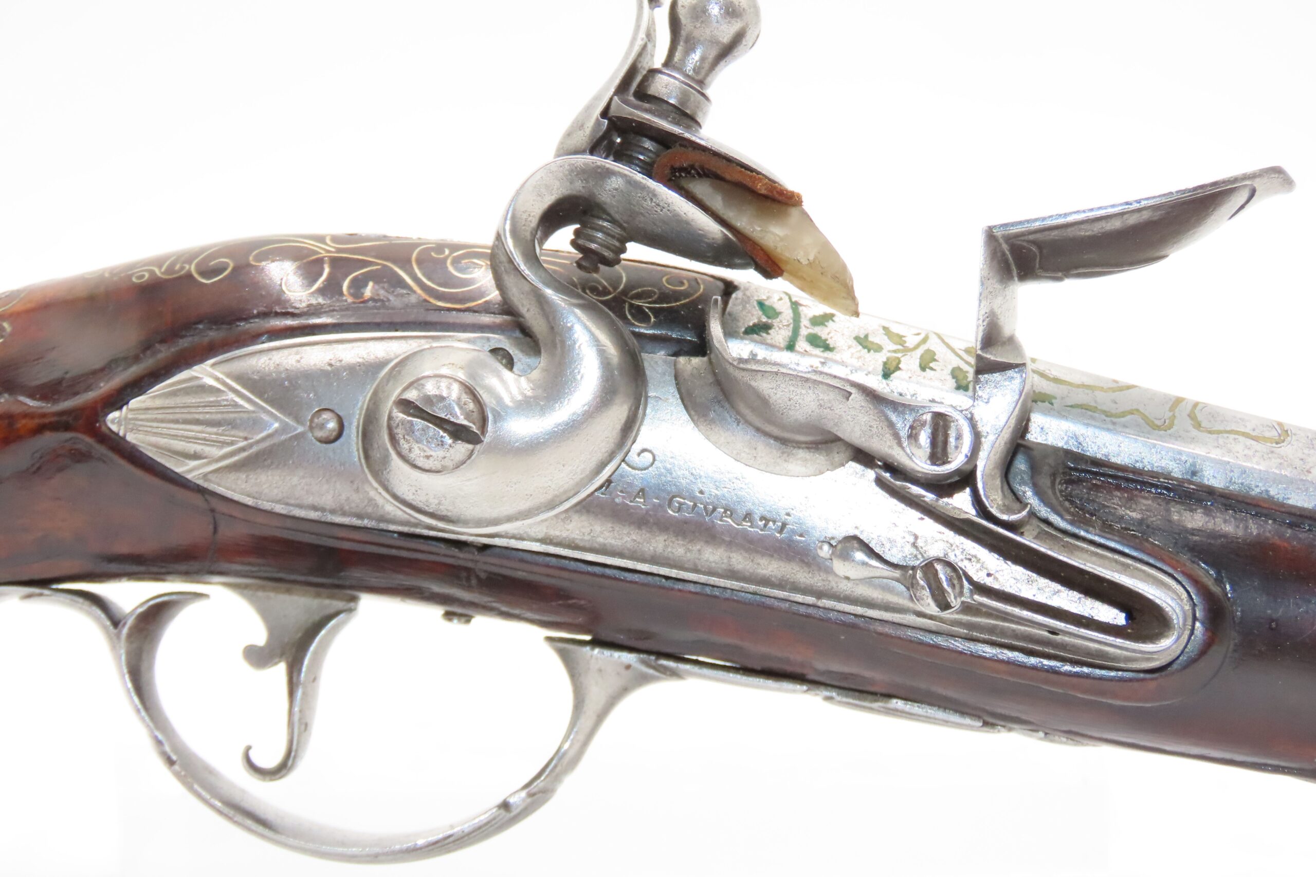 BRACE of BRASS & SILVER INLAID Antique OTTOMAN Flintlock HOLSTER Pistols “M.A. GIVRATI” Marked Mid to Late 1700s Pistols - Image 20