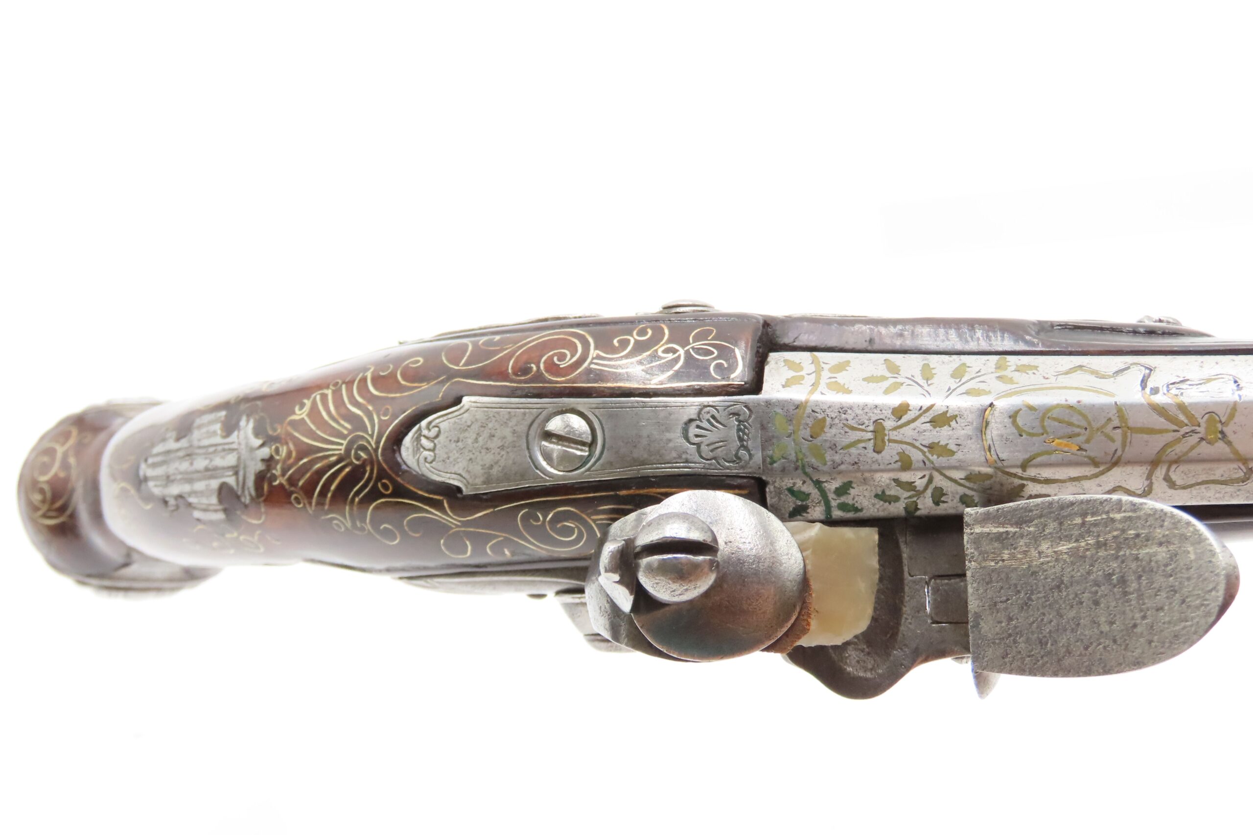 BRACE of BRASS & SILVER INLAID Antique OTTOMAN Flintlock HOLSTER Pistols “M.A. GIVRATI” Marked Mid to Late 1700s Pistols - Image 25