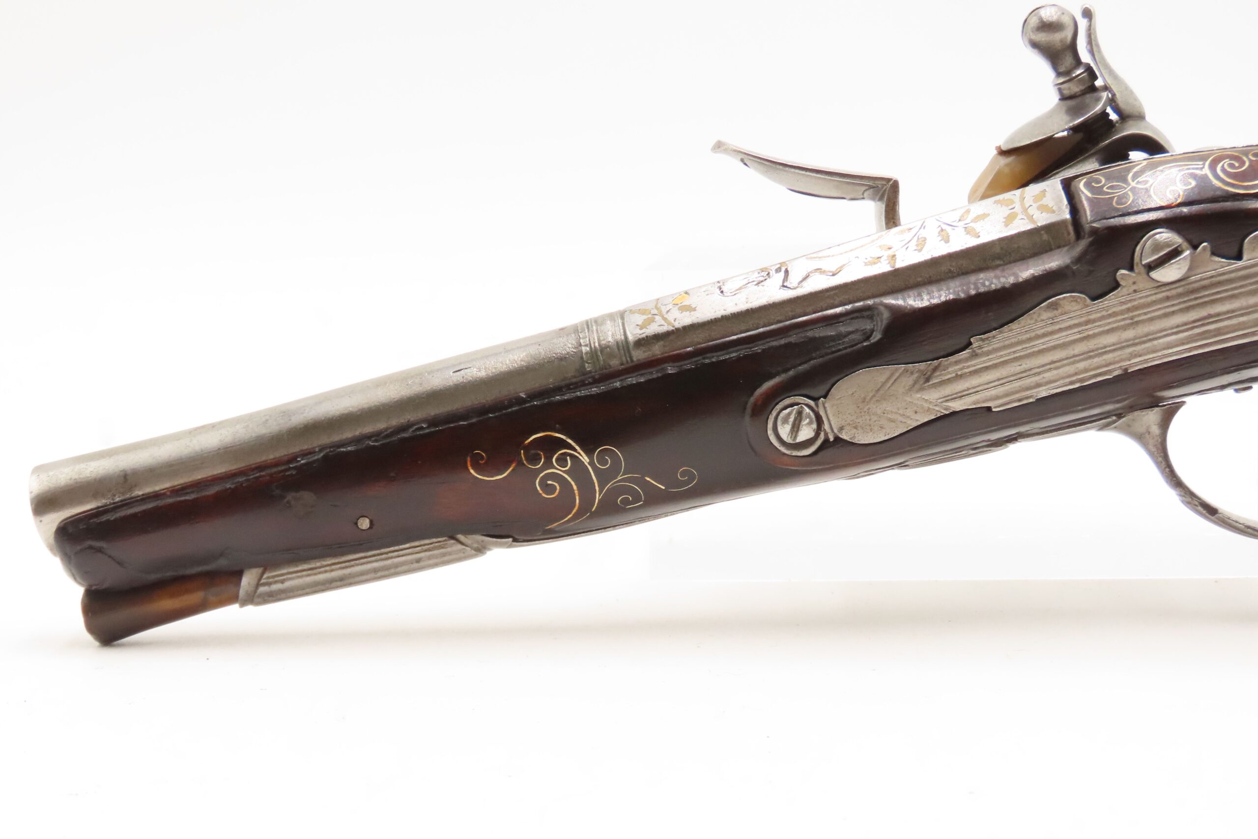 BRACE of BRASS & SILVER INLAID Antique OTTOMAN Flintlock HOLSTER Pistols “M.A. GIVRATI” Marked Mid to Late 1700s Pistols - Image 28