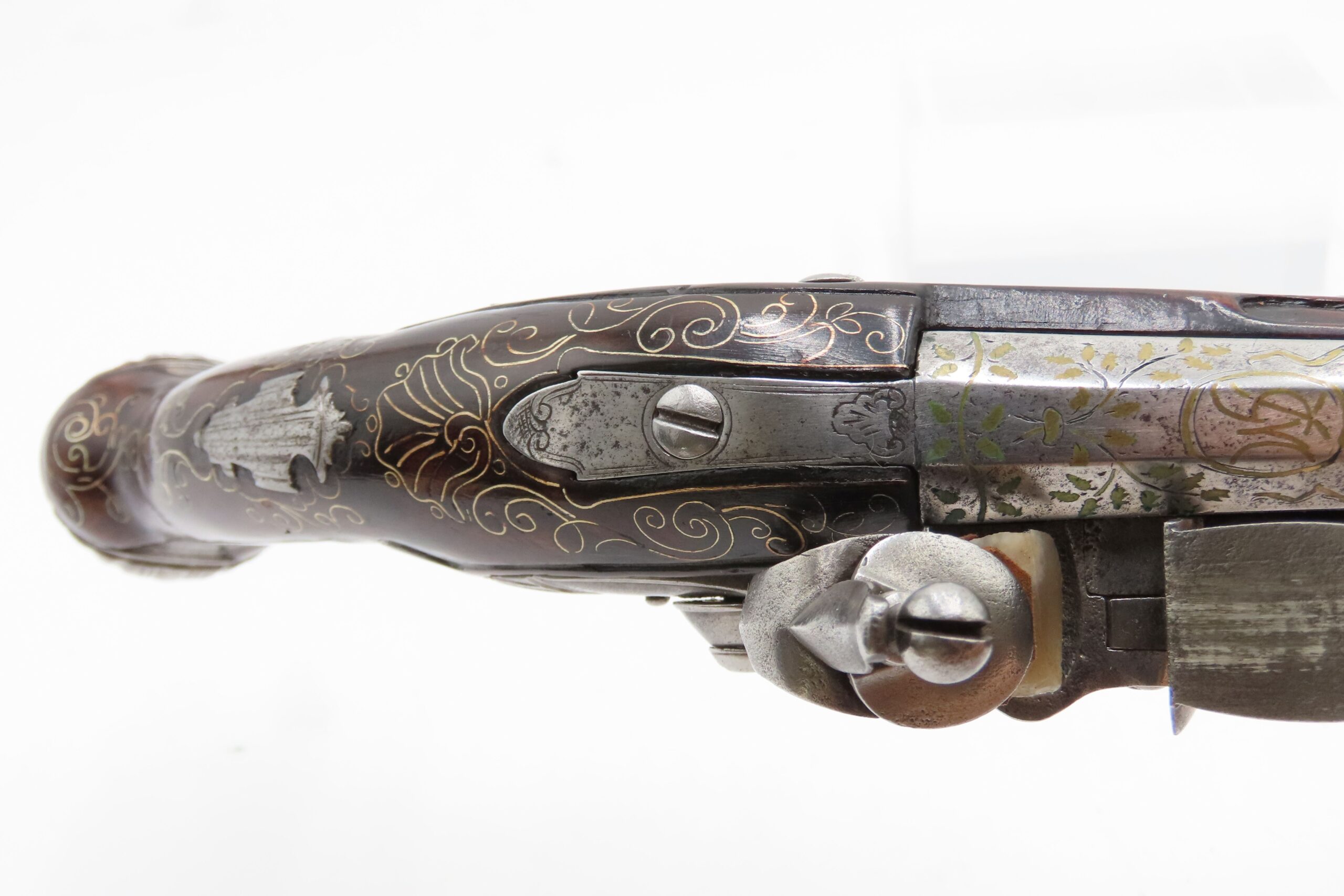 BRACE of BRASS & SILVER INLAID Antique OTTOMAN Flintlock HOLSTER Pistols “M.A. GIVRATI” Marked Mid to Late 1700s Pistols - Image 11