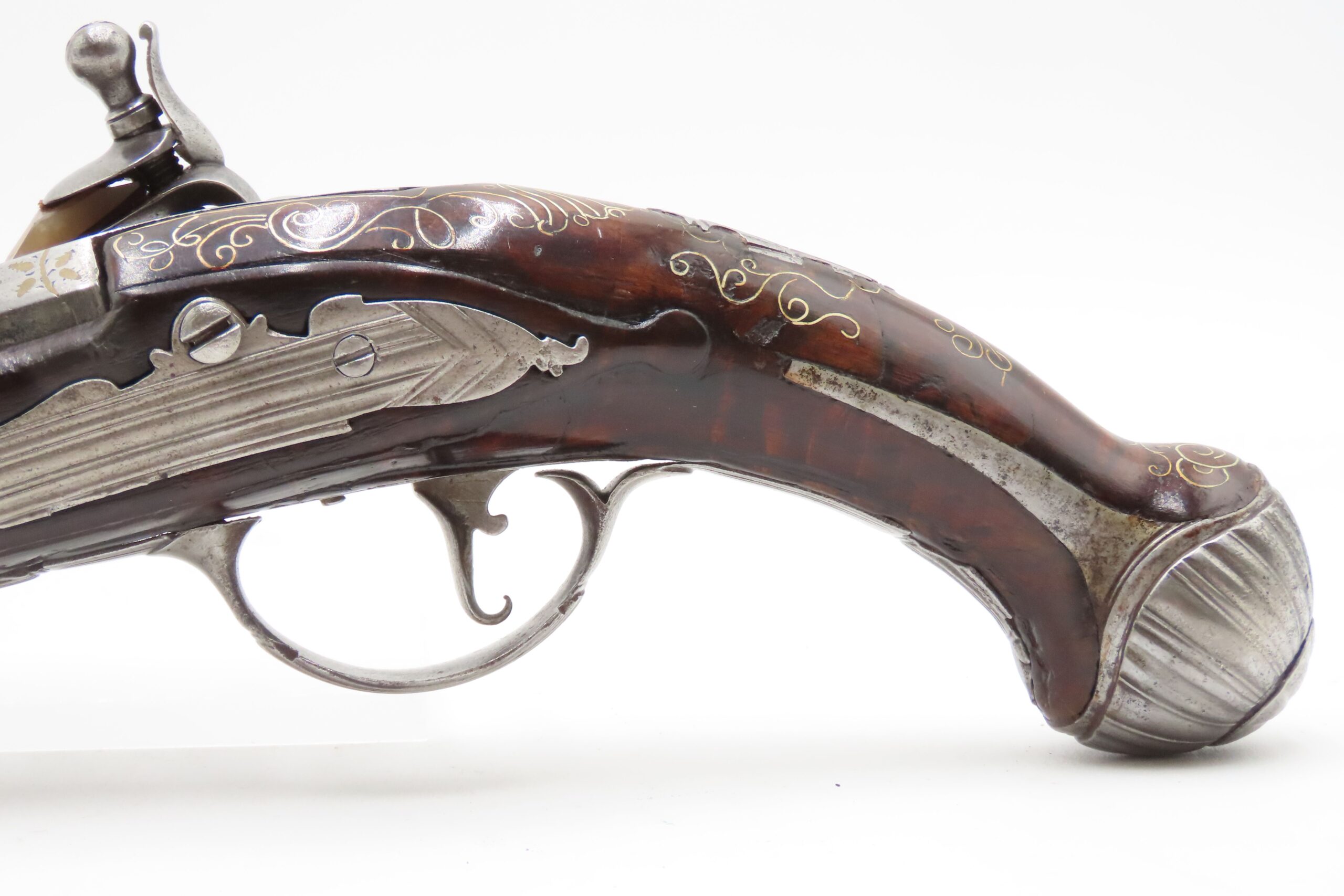 BRACE of BRASS & SILVER INLAID Antique OTTOMAN Flintlock HOLSTER Pistols “M.A. GIVRATI” Marked Mid to Late 1700s Pistols - Image 29