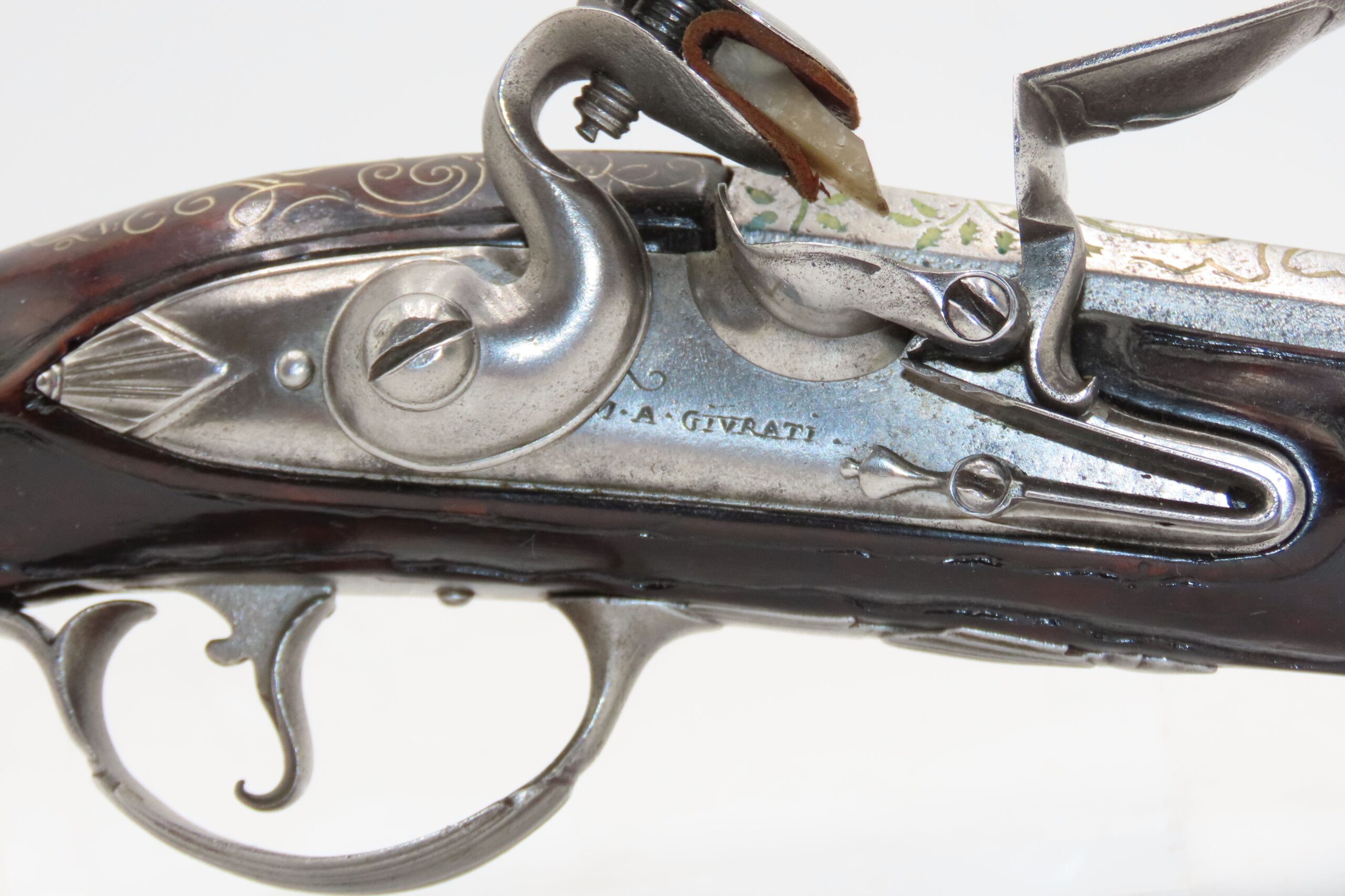 BRACE of BRASS & SILVER INLAID Antique OTTOMAN Flintlock HOLSTER Pistols “M.A. GIVRATI” Marked Mid to Late 1700s Pistols - Image 7