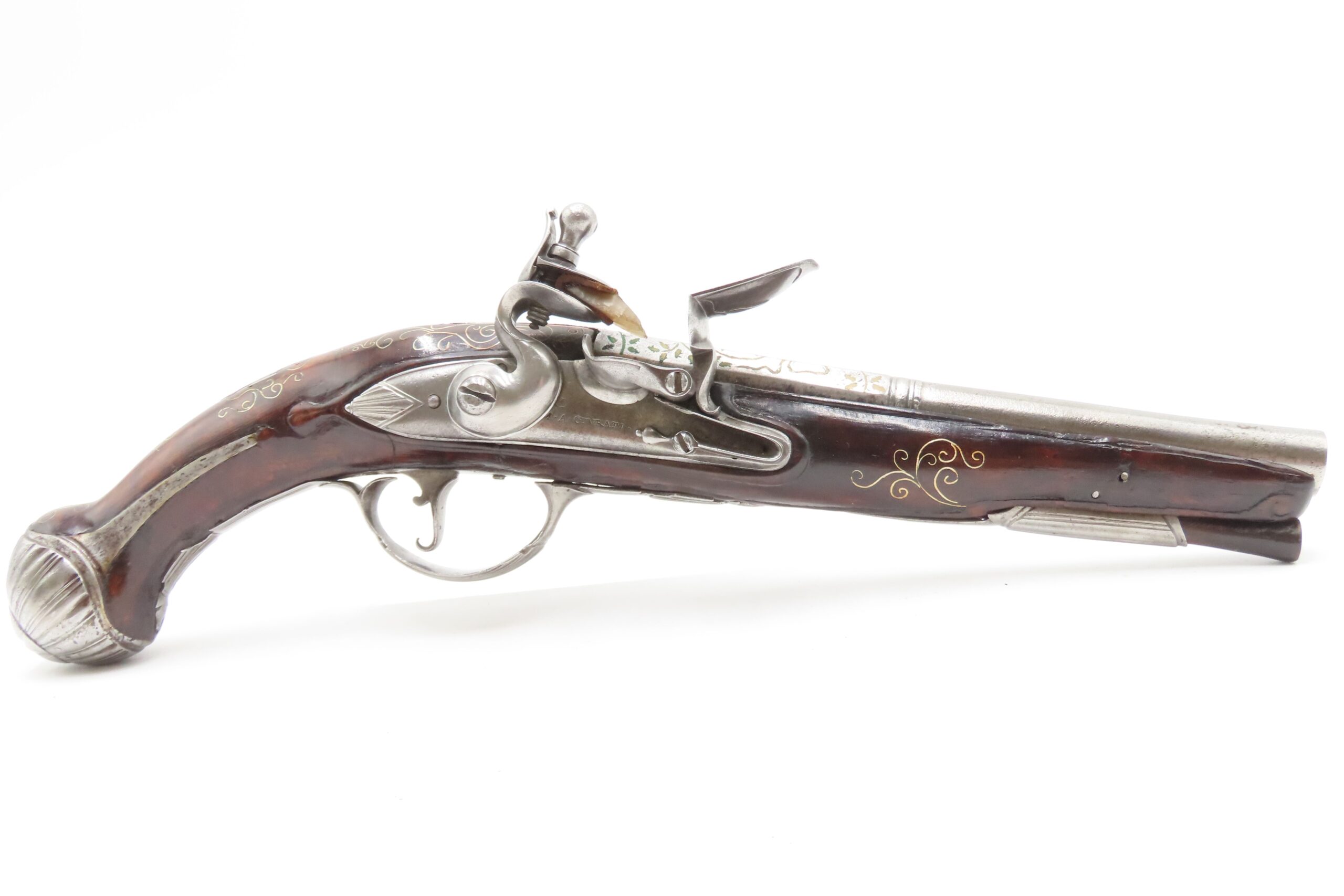 BRACE of BRASS & SILVER INLAID Antique OTTOMAN Flintlock HOLSTER Pistols “M.A. GIVRATI” Marked Mid to Late 1700s Pistols - Image 17