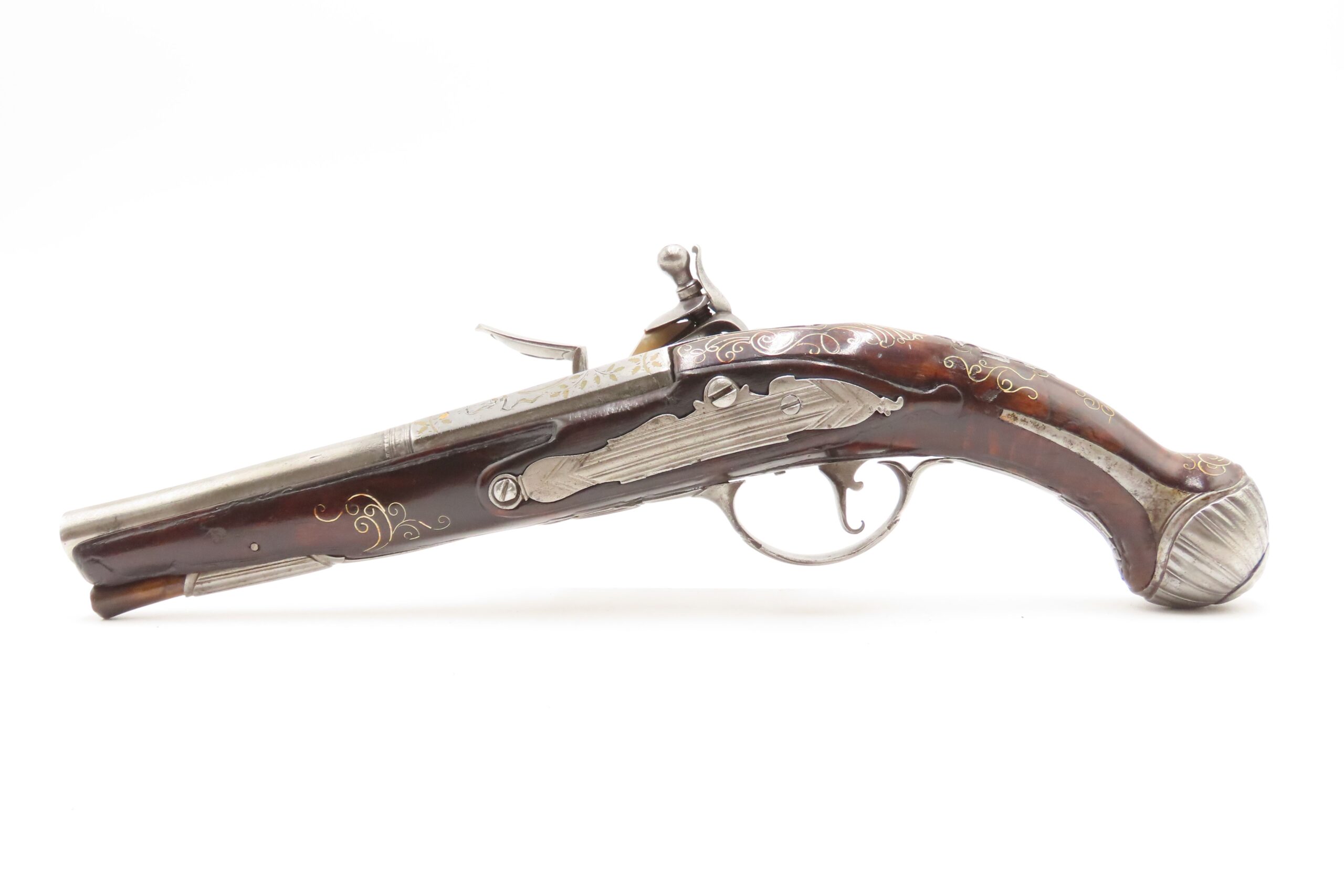 BRACE of BRASS & SILVER INLAID Antique OTTOMAN Flintlock HOLSTER Pistols “M.A. GIVRATI” Marked Mid to Late 1700s Pistols - Image 27