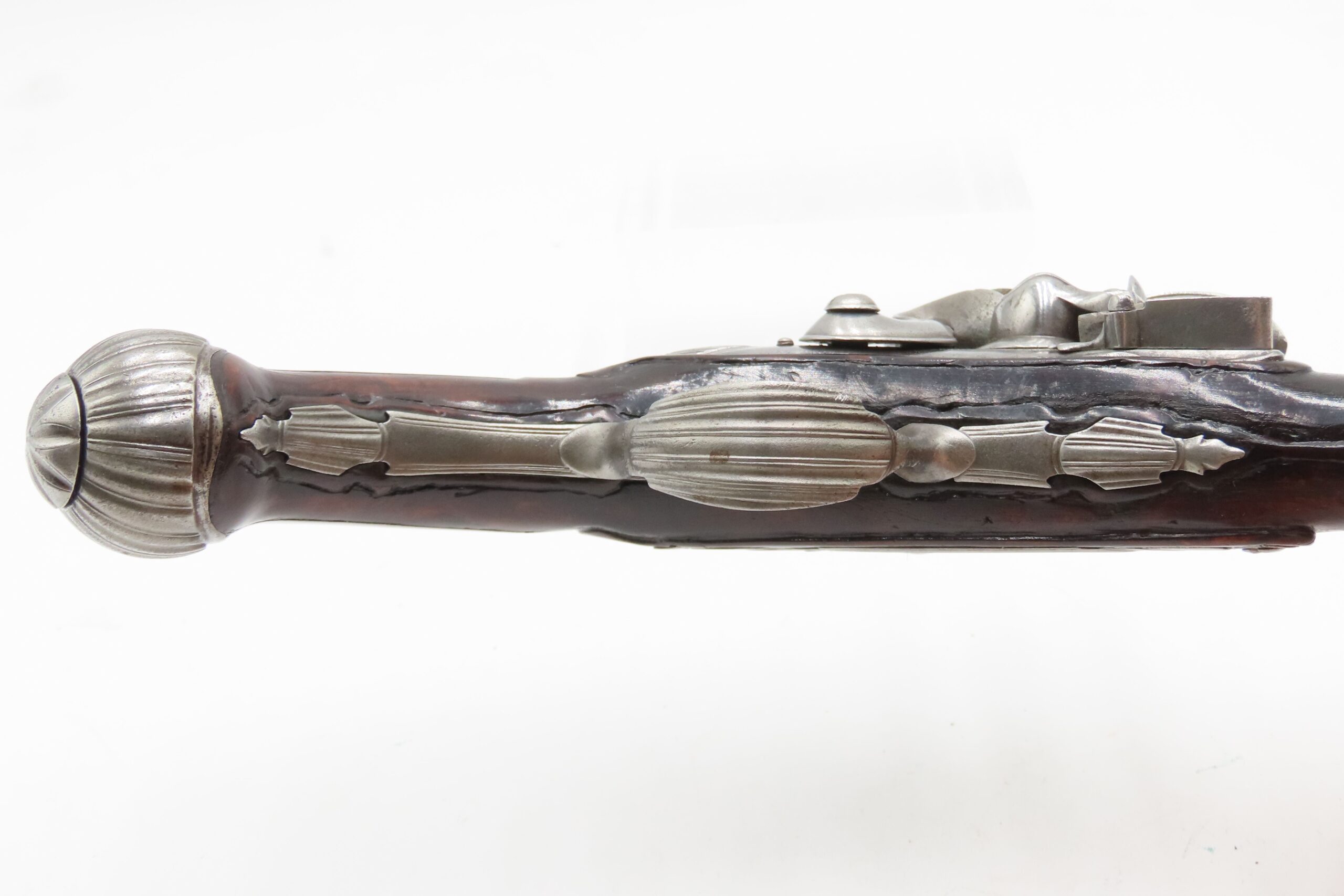 BRACE of BRASS & SILVER INLAID Antique OTTOMAN Flintlock HOLSTER Pistols “M.A. GIVRATI” Marked Mid to Late 1700s Pistols - Image 9